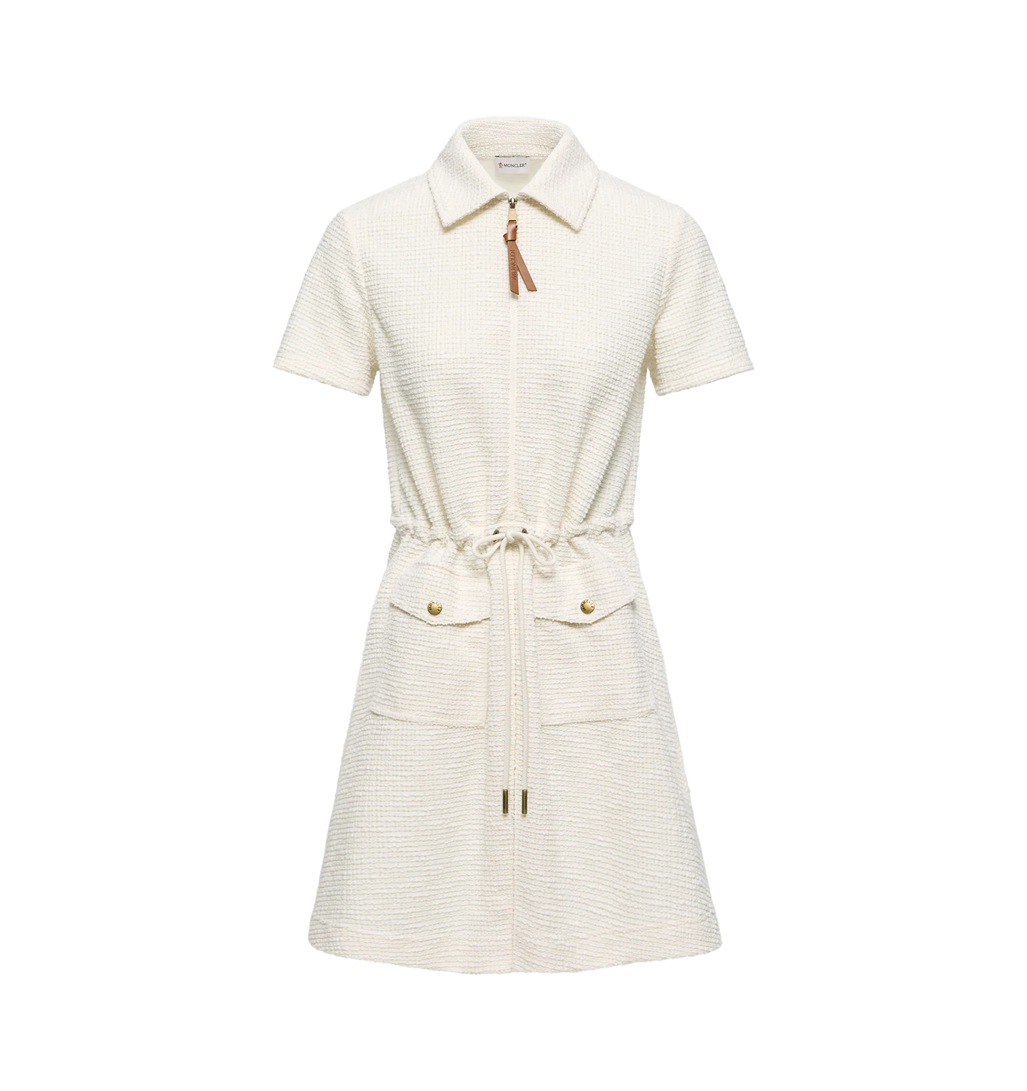 Image 1 of 1 - WHITE - Moncler Womens Boucl Polo Mini Dress is crafted from textured boucl and features a classic polo collar, short sleeves, zip-front closure, snap-button flap pockets, and a signature macram logo patch. This designer mini dress combines a sporty polo-inspired silhouette with rich boucl texture for elevated everyday wear. Main Material: 63% Polyester, 32% Cotton, 3% Viscose, 2% Elastane. Made in Italy.