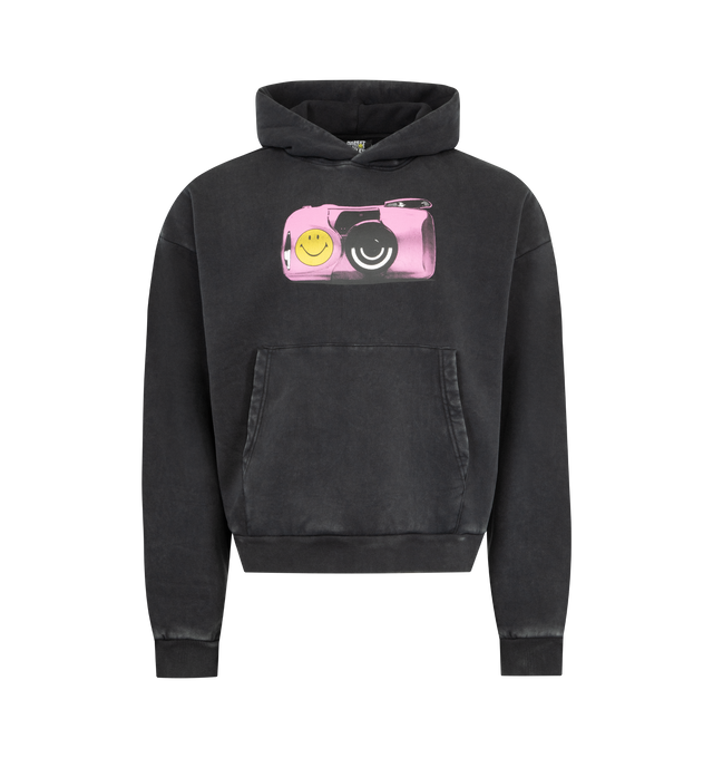 Image 1 of 2 - BLACK - MARKET Smiley Photoshoot Graphic Hoodie featuring pullover hooded sweatshirt, front graphics, front pouch pocket, ribbing trims and regular fit. 100% cotton.