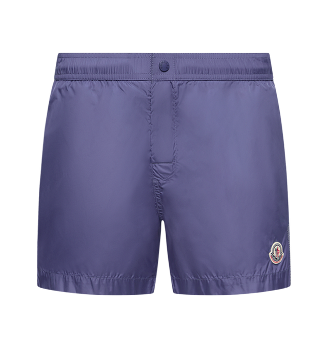 Image 1 of 1 - BLUE - MONCLER Logo Swim Shorts featuring micro mesh lining, adjustable waistband, snap button closure, side pockets, back pocket with snap button closure, stitching details and logo patch. 100% polyamide/nylon. Made in Albania.