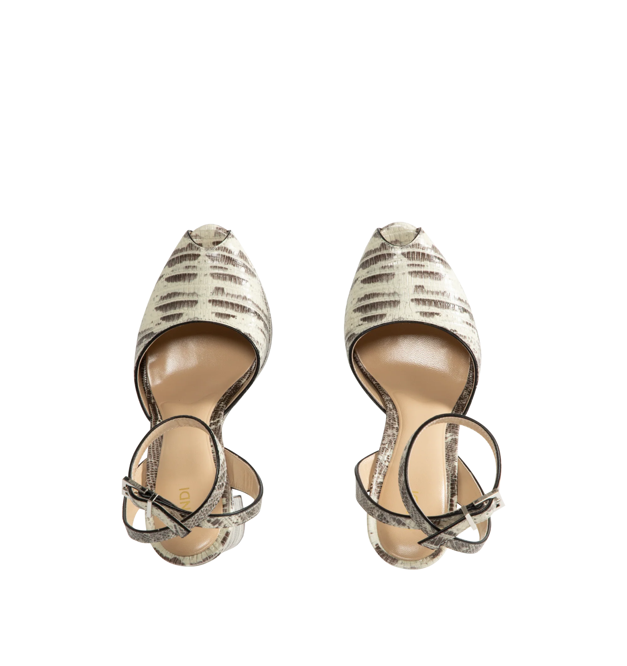 Image 4 of 4 - MULTI - Fendi Women's After 9 Platform Sandals are crafted from calfskin with a parchment and black tegu print and feature an open-toe silhouette, a platform sole, an adjustable ankle strap, and a wide leather-covered heel with a tone-on-tone tegu print. These designer platform sandals combine bold texture with elevated craftsmanship for statement evening styling. Main Material: 100% Calfskin. Lining: 100% Goatskin. Heel Height: 125 mm. Made in Italy.