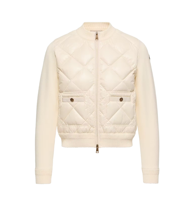 Image 1 of 1 - WHITE - MONCLER Cotton Padded Cardigan featuring down-filled nylon laqu front, nylon laqu lining, gauge 14, zipper closure and pockets with snap button closure. 100% cotton. 100% polyamide/nylon. Padding: 90% down, 10% feather.
