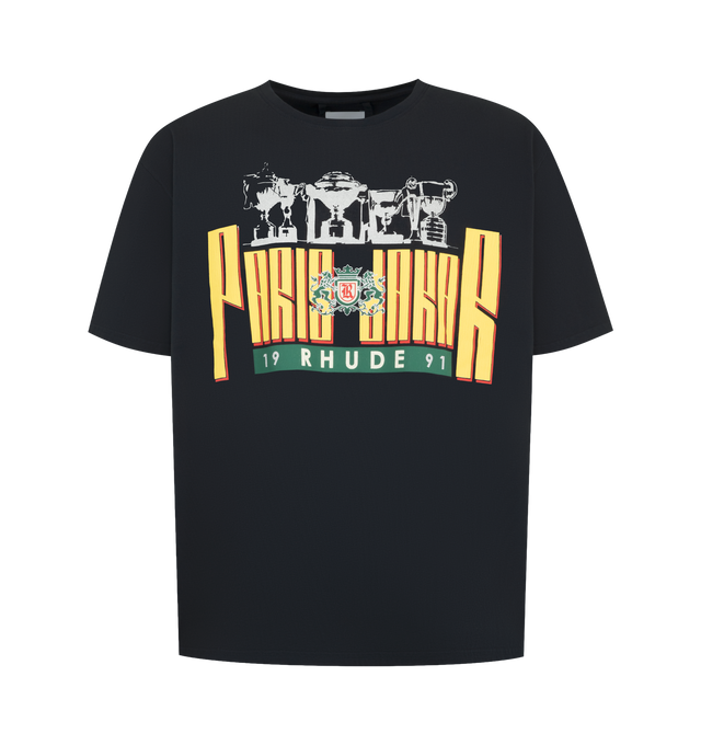 Image 1 of 2 - BLUE - Rhude Mens T-Shirt is crafted from vintage-wash cotton jersey. Features a crew neck, short sleeves, custom fit, and Rhude Racing Crest graphics printed on the front chest and back. Main Material: 100% Cotton. Made in USA.