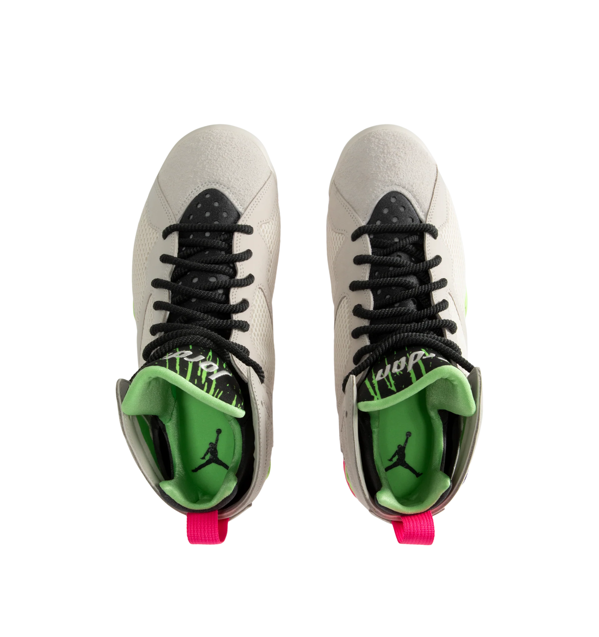 Image 5 of 5 - MULTI - Air Jordan 7 Retro "Tennis Day" Sneakers feature a Phantom upper with Lime Blast, Pink Blast, and Anthracite accents inspired by Nike's Challenge Court era. Leather, synthetic leather, suede, and breathable textiles combine throughout the mid-cut design, while a heel pull tab, foam midsole with full-length Nike Air cushioning, and grippy rubber outsole complete the construction. Upper: Leather, Synthetic Leather, Suede, and Textile. Midsole: Foam. Sole: Rubber. Made in mens sizing. 