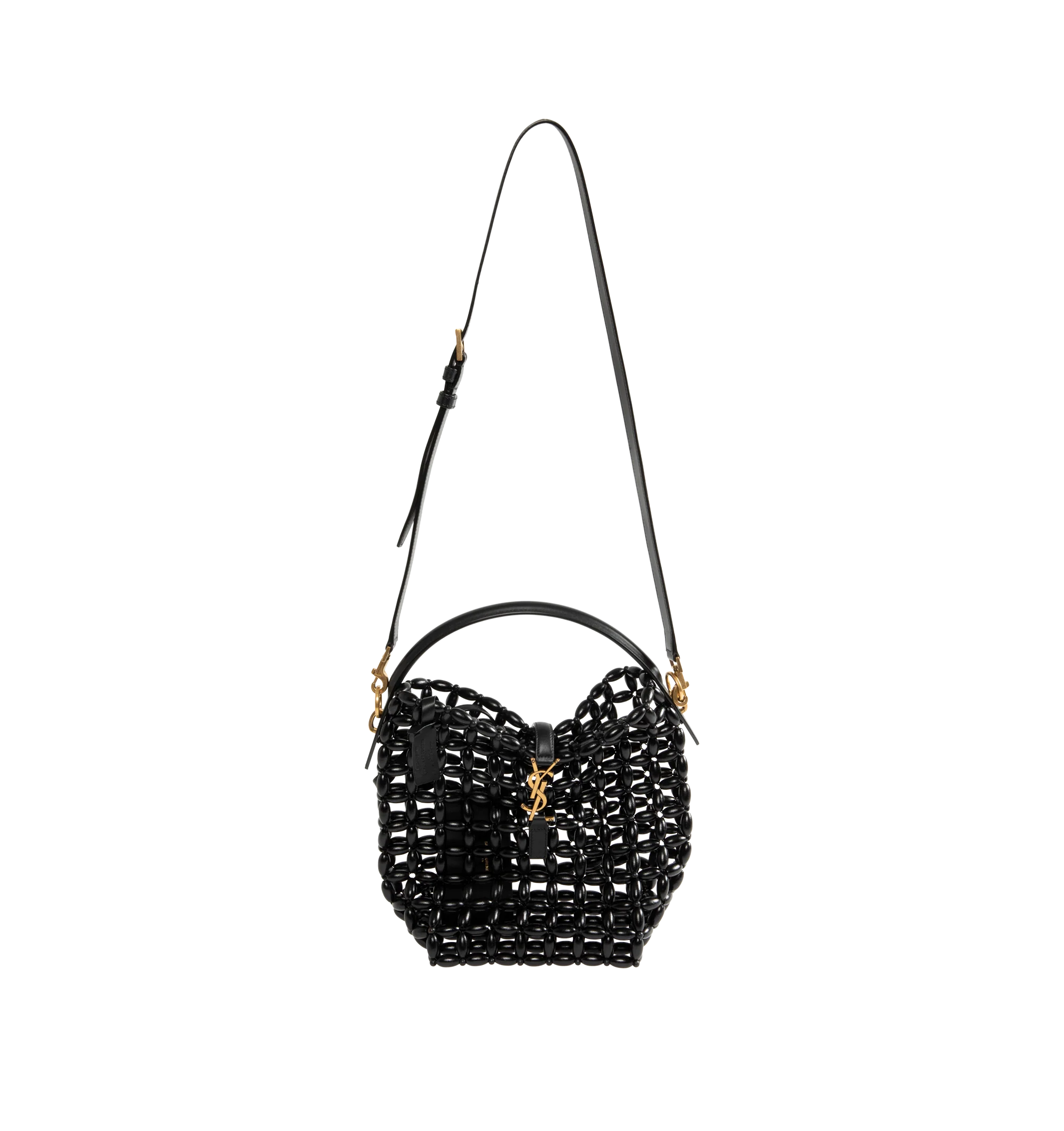 Image 1 of 3 - BLACK - Saint Laurent Womens Le 37 Bucket Bag is crafted from wooden beads. Features an open-work design, top handle, adjustable and removable crossbody strap, YSL strap closure, interior zip pouch, and bronze-tone hardware. Dimensions: 17 20 13 cm. Main Material: Wooden Beads; Hardware: Bronze-Tone Metal. Made in Italy.