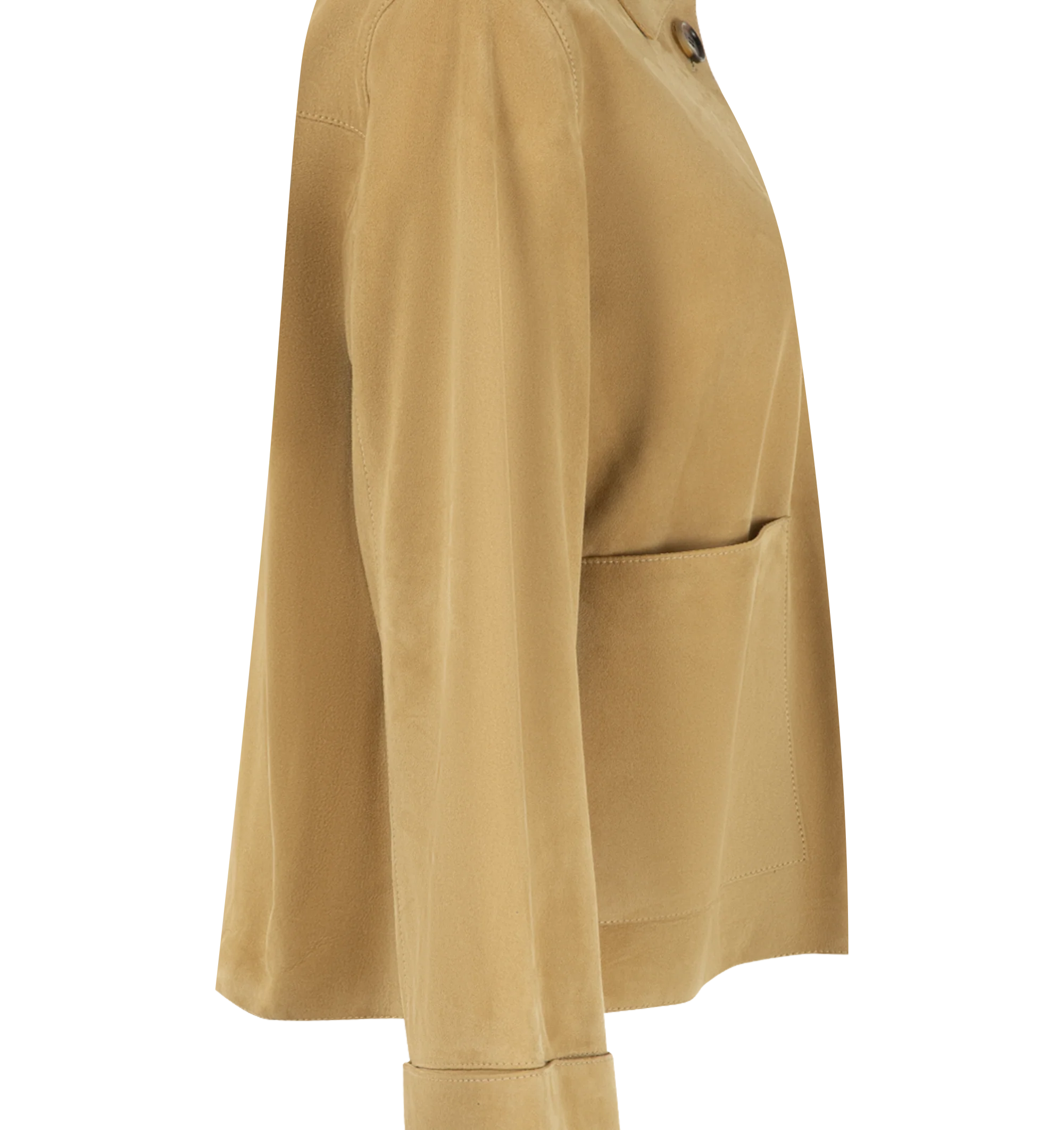 Image 3 of 3 - NEUTRAL - Loewe Women's suede lambskin and features a classic collar, front button closure, patch pockets, and turn-up cuff sleeves in a regular-fit silhouette. This designer suede jacket combines supple lambskin construction with timeless tailoring for elevated everyday layering. Main Material: Suede Lambskin. Made in Spain. 