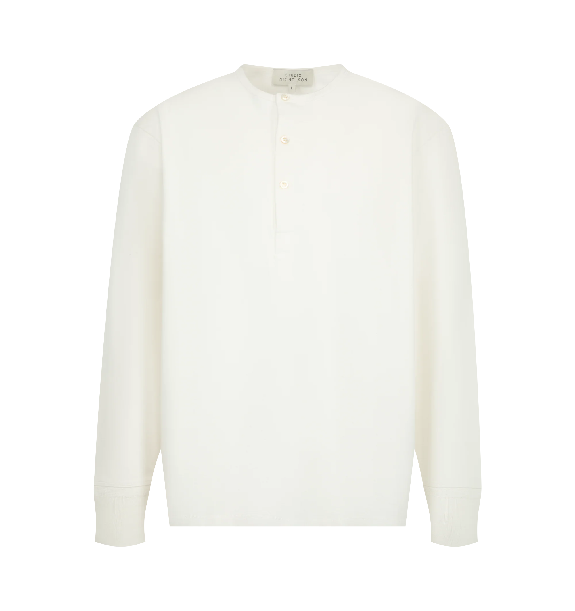 Image 1 of 2 - WHITE - Studio Nicholson Kuyto Long Sleeve Jersey is crafted from soft-touch cotton jersey and features a refined Henley-inspired silhouette designed for effortless layering. An elevated take on a wardrobe staple, it is detailed with a grandad collar, three-button placket, dropped shoulders, and ribbed cuffs, while the specially treated fabric offers a rich peach-like texture and substantial hand feel. Main Material: 100% Cotton. Made in Portugal.