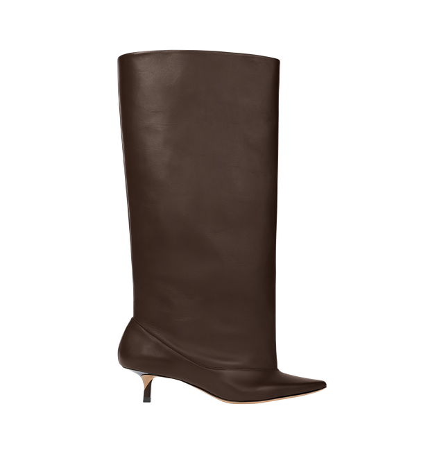 Image 1 of 4 - BROWN - JACQUEMUS High Tourni Boots featuring structured tubular boots in smooth leather, Trompe-oeil smooth leather pump shape, pointed toe, cut below the knee, lambskin leather insole and lining, 4.5cm asymmetric twisted heels with lacquered finish and contrast outsole. 100% calf leather. Outsole: 100% cow leather. Made in France.