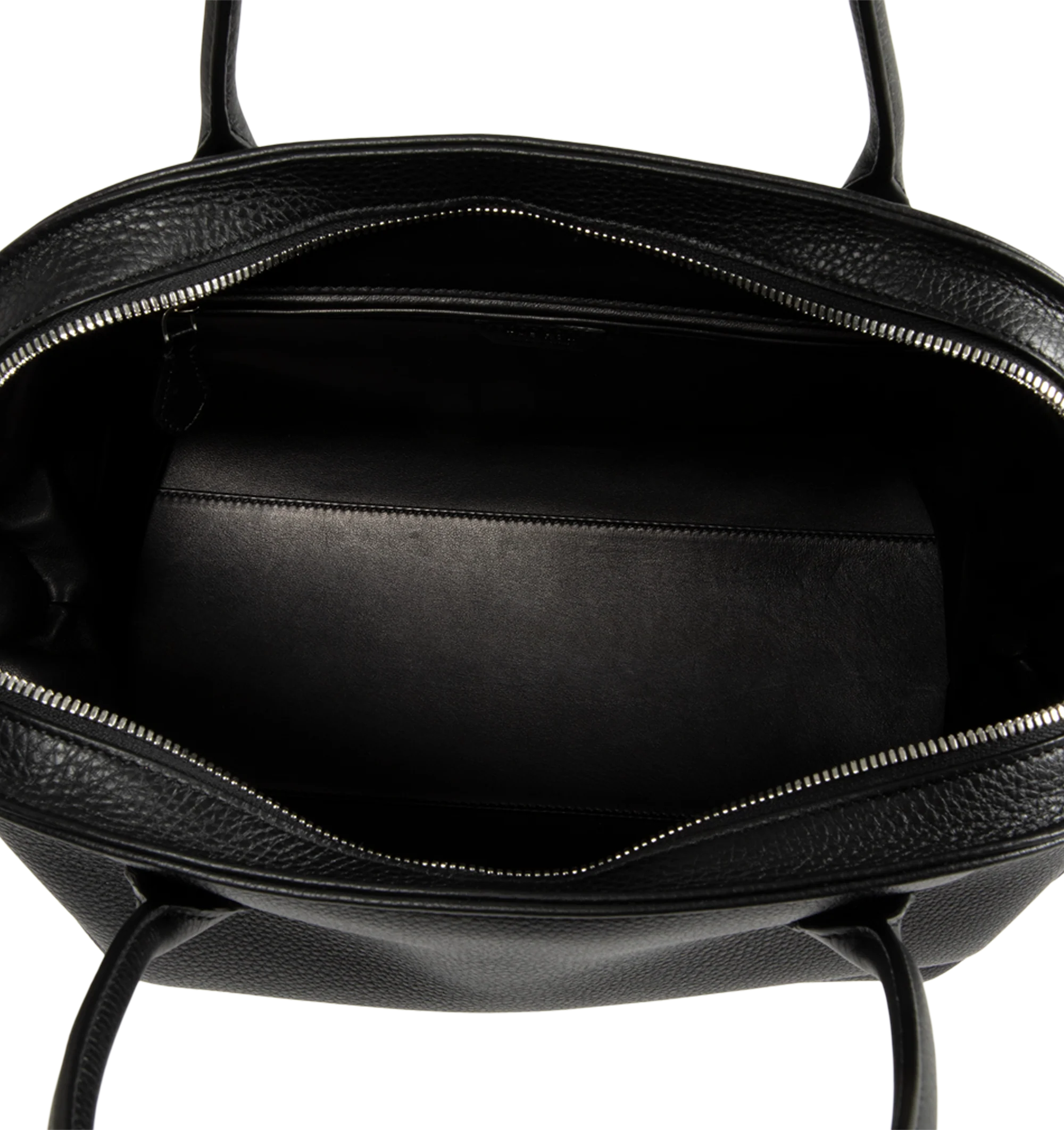 Image 3 of 4 - BLACK - The Row Agnes 15 Bag is crafted from finely grained calfskin leather and features a softly structured top-handle silhouette with tubular handles, gusseted side folds, a curved top zip closure, and a flat base. This designer leather handbag combines exceptional Italian craftsmanship with a spacious, minimalist design, while the naturally finished, metal-free tanned calfskin offers an exceptionally soft touch. Main Material: 100% Calfskin Leather. Lining: 100% Lambskin Leather. Dimensio