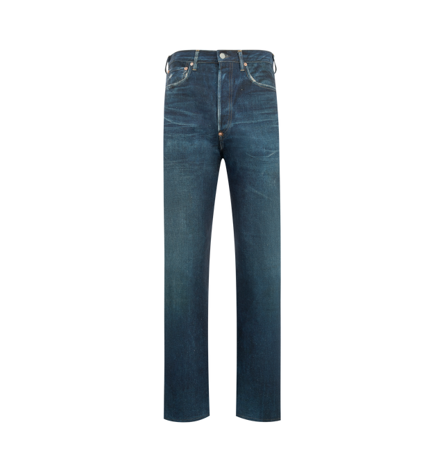Image 1 of 3 - BLUE - JUNYA WATANABE Jeans featuring five pocket construction, straight leg, metal rivet details, button waist and fly, leather Levi's tab at waist and red Levi's tab at back pocket. 59% linen, 41% cotton. Made in Japan.