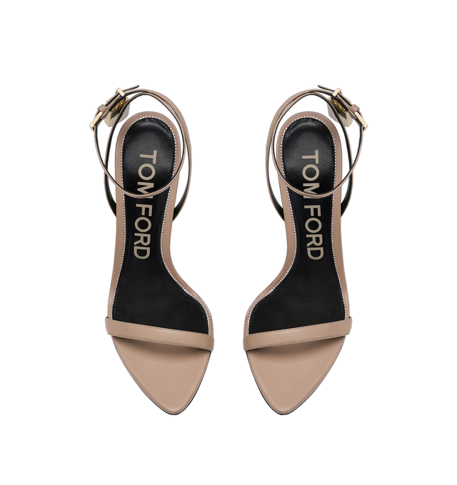 Image 7 of 7 - BROWN - TOM FORD Shiny Kid Pointy Naked Sandal featuring pointy toe shape, signature padlock metal hardware, 105mm metal spike heel, adjustable buckle ankle strap and buckles with engraved logo. Leather.  
