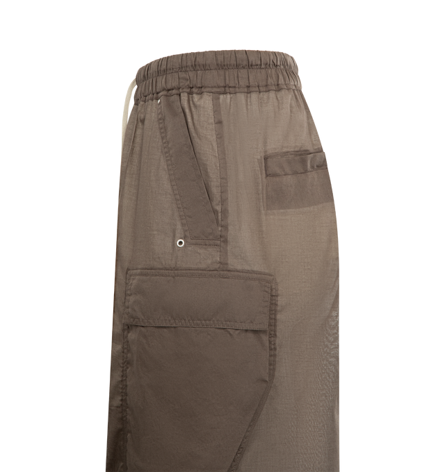 Image 3 of 3 - BROWN - RICK OWENS Cargobelas Pants featuring full-length, a low crotch, wide leg, elasticized waistband with drawstring, a bela exposed center zipper with two snap detail at bottom, side welt pockets with rivet and eyelet detail, four beveled cargo pockets on the side leg and two rear welt pockets with concealed snaps and topstitching. Made in Italy. 