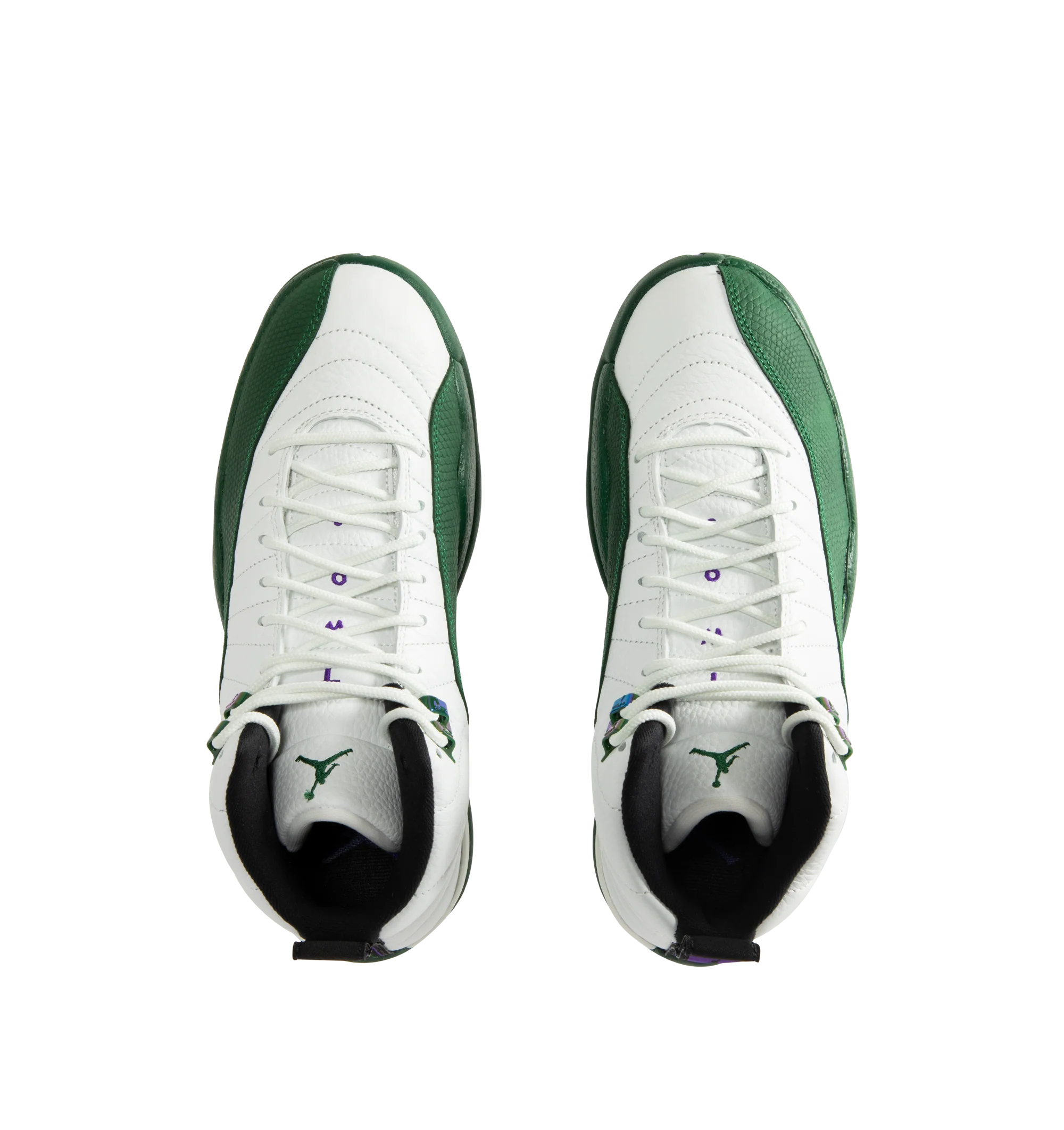 Image 5 of 5 - GREEN - Air Jordan 12 Retro 'Bucks' Sneakers are crafted from premium leather and feature a Summit White upper with sunrise-inspired stitch lines and Gorge Green overlays inspired by early-2000s player exclusives. Designed with a classic basketball silhouette, they are finished with Jumpman branding, Air Zoom cushioning, and a durable rubber outsole for comfort and performance. Main Material: Leather. Cushioning: Full-length Air Zoom. Sole: Rubber. Made for men.