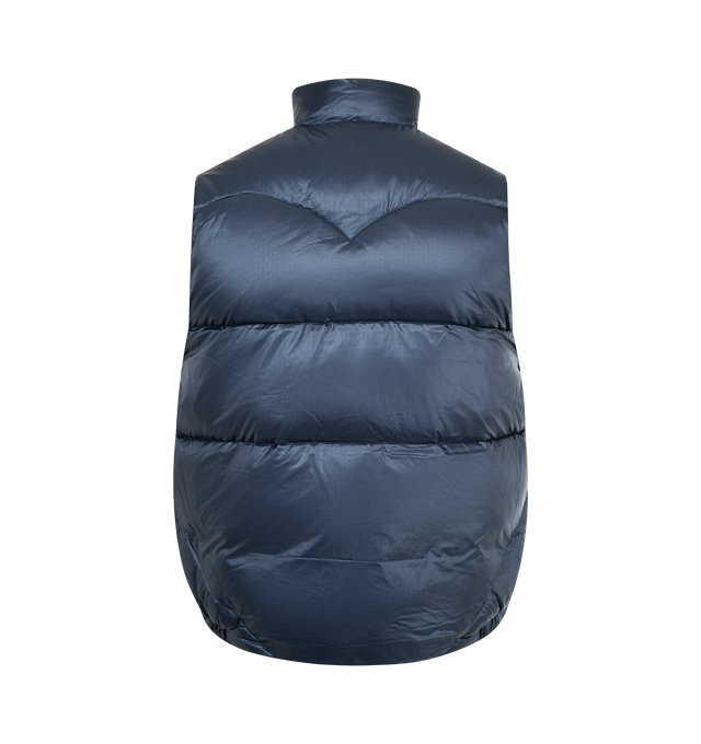 Image 2 of 3 - NAVY - HUMAN MADE Reversible Down Vest featuring nylon ripstop fabric with down and feather filling, lightweight material with a shiny appearance, reversible design combines dark and light colors, dark-toned side features a duck name tag, light-toned side has a heart patch, quilt stitching forms a heart on the back, both sides have two front pockets and logo snap button closure. 100% nylon.