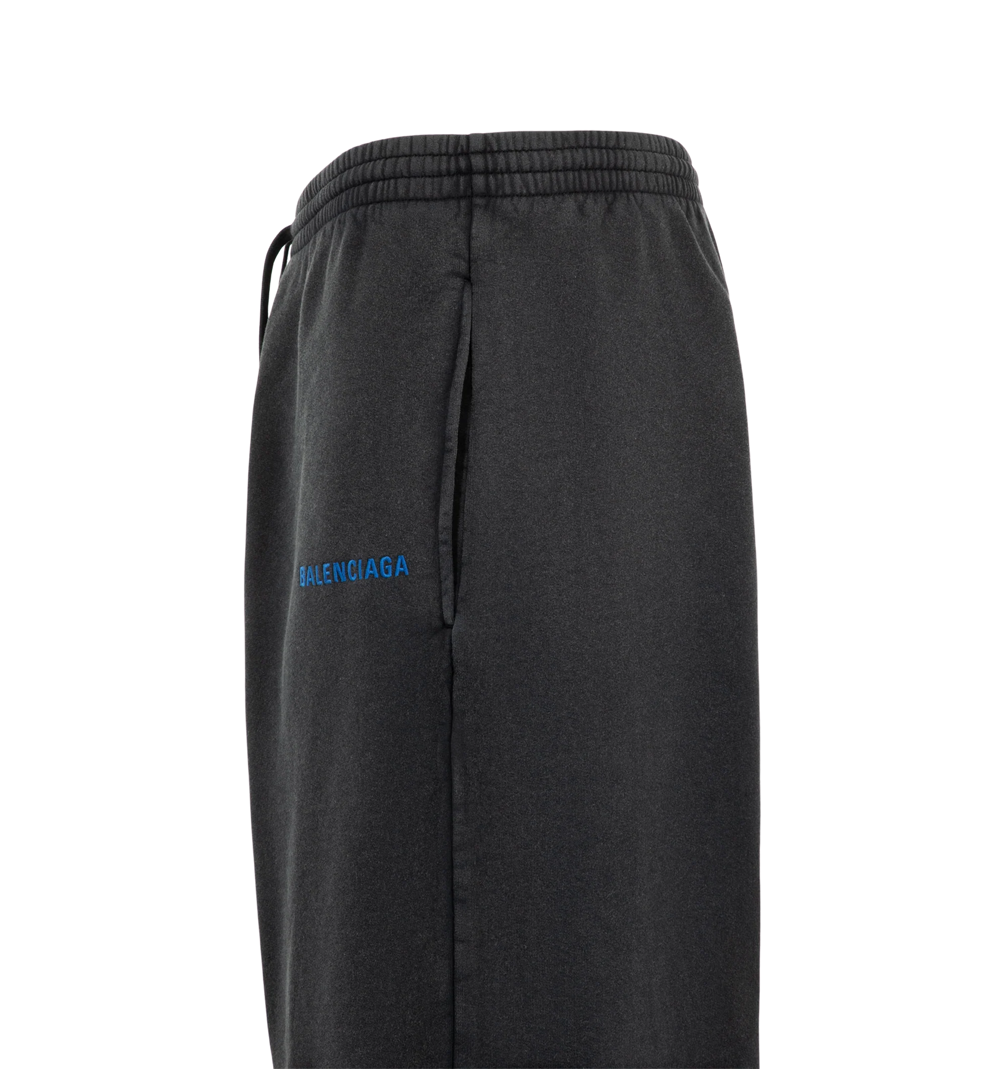Image 3 of 3 - BLACK - Balenciaga Men's Balenciaga Back Oversized Baggy Sweatpants are crafted from faded black dry cotton fleece and feature a mid-rise, oversized silhouette. An elasticated drawstring waistband, two slash pockets, and Balenciaga logo embroidered at the front complete the design. Main Material: 100% Cotton. Pocket Lining: 100% Cotton. Embroidery: 100% Polyester. Made in Portugal.