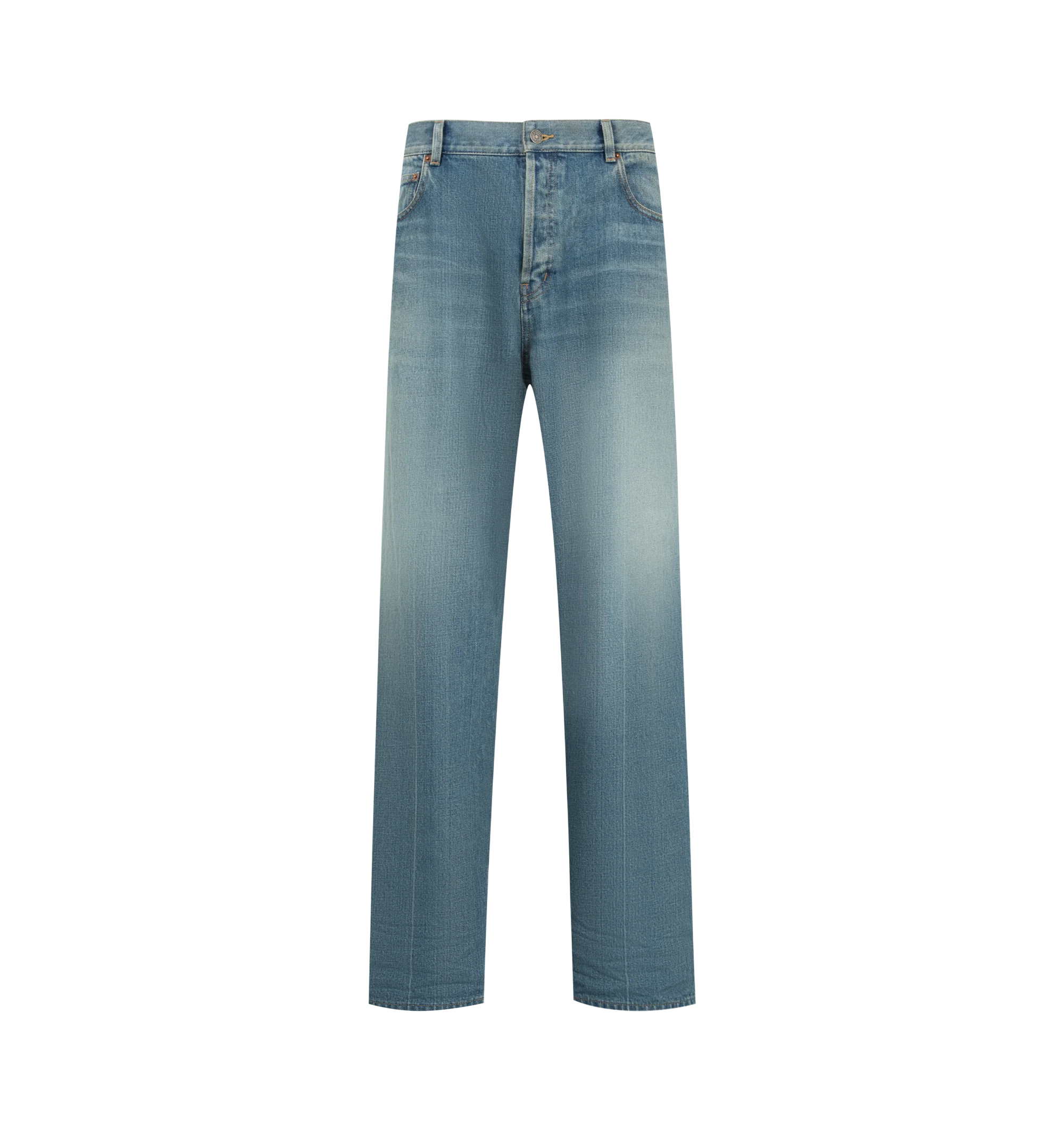 Image 1 of 3 - BLUE - Saint Laurent Men's Relaxed Tapered Jeans are crafted from certified cotton and feature a mid-rise waist, relaxed tapered leg, center crease, button fly, five-pocket styling, belt loops, and a Saint Laurent Paris embossed leather jacron. This designer denim combines modern tailoring with signature Saint Laurent detailing for elevated everyday wear. Main Material: Cotton. Made in Japan.
