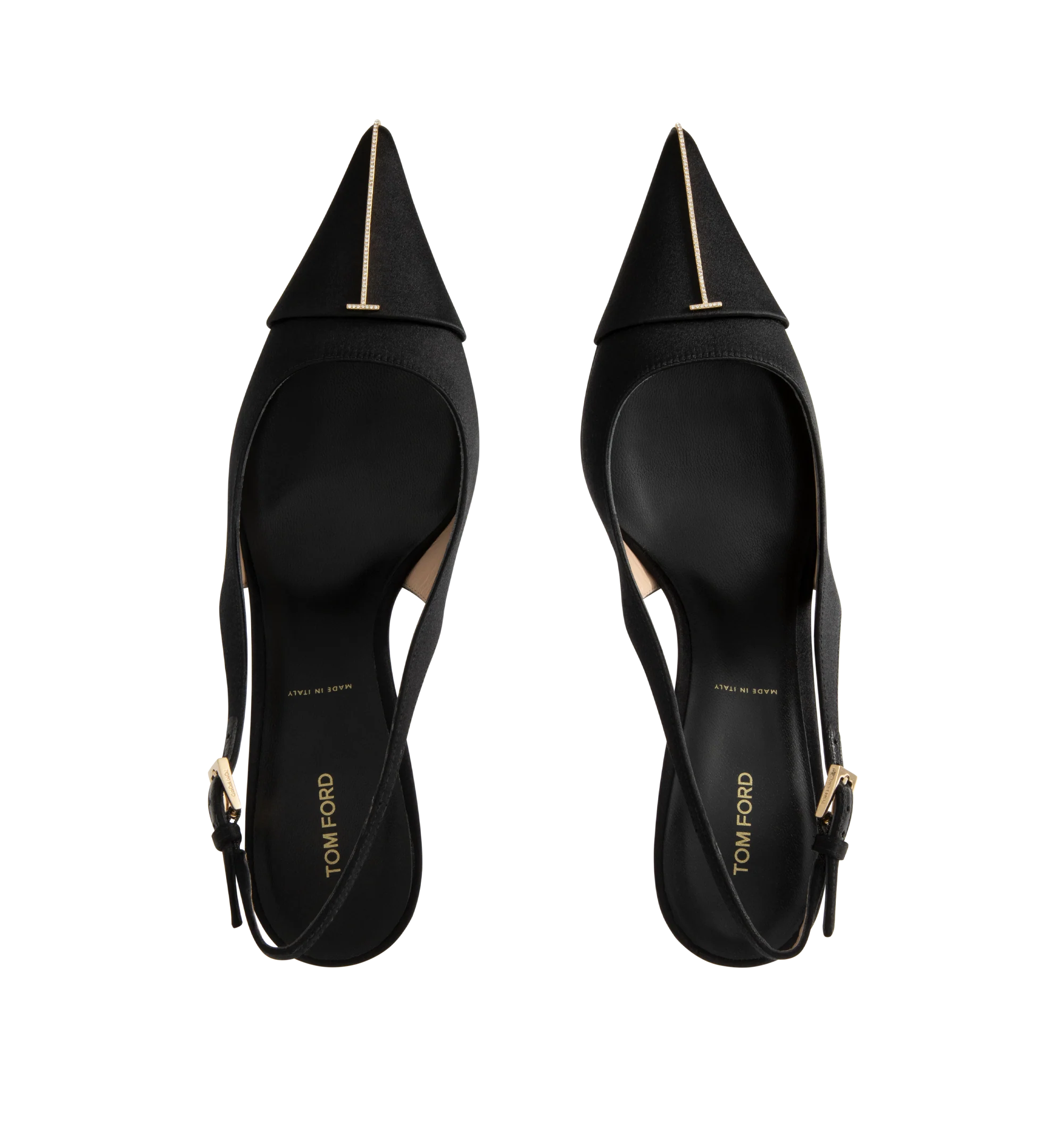 Image 4 of 4 - BLACK - Tom Ford Womens Thea Slingback Pumps are crafted from satin with Swarovski crystal embellishments. Feature a pointed toe with signature pale gold-tone T metal detail, adjustable slingback strap, stiletto heel, and leather sole. Heel Height: 8.5 cm. Main Material: 68% Viscose, 32% Silk; Embellishment: Swarovski Crystals; Sole: Leather. Made in Italy.