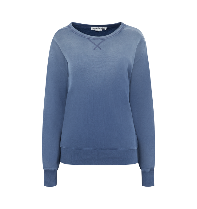 Image 1 of 2 - NAVY - ACNE STUDIOS Sprayed Logo Sweatshirt featuring sprayed cotton fleece, regular fit, below-waist, long sleeves, ribbed trim and Acne Studios 1996 logo stamp on back. 100% cotton.