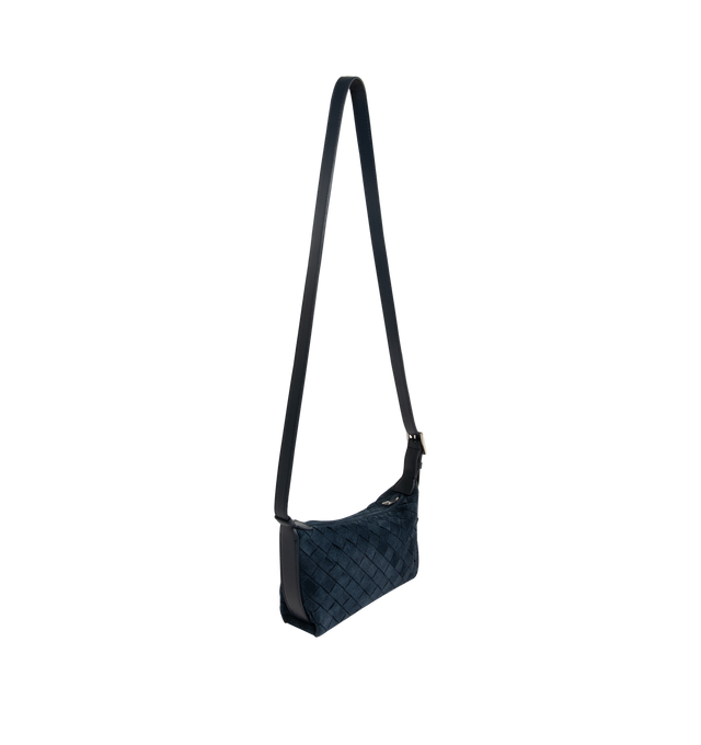 Image 2 of 3 - NAVY - BOTTEGA VENETA Traveler Phone Pouch featuring intrecciato suede leather phone pouch, adjustable cross-body strap, one main compartment, one flat inside pocket and zip closure. Calfskin. Lining: suede. 4.7" x 7.9" x 2.2". Made in Italy.