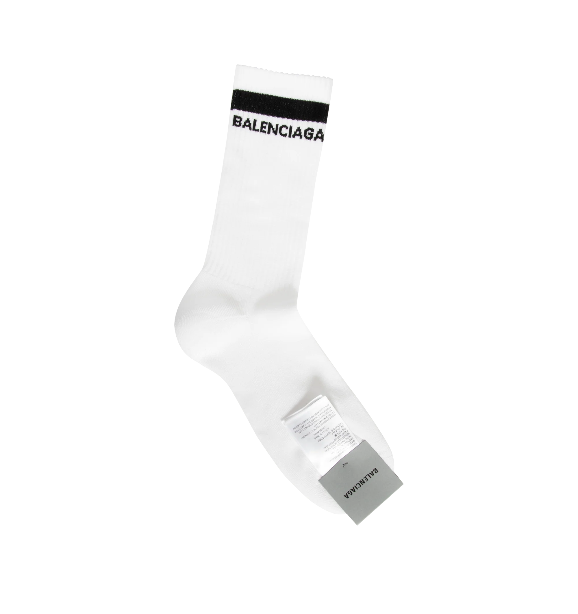Image 1 of 2 - WHITE - Balenciaga Mens Logo Socks are crafted from a breathable cotton blend. Feature a high-length silhouette, ribbed cuffs, and jacquard logo detailing at the ankle. Main Material: 75% Cotton, 23% Polyamide, 2% Elastane. Made in Portugal.