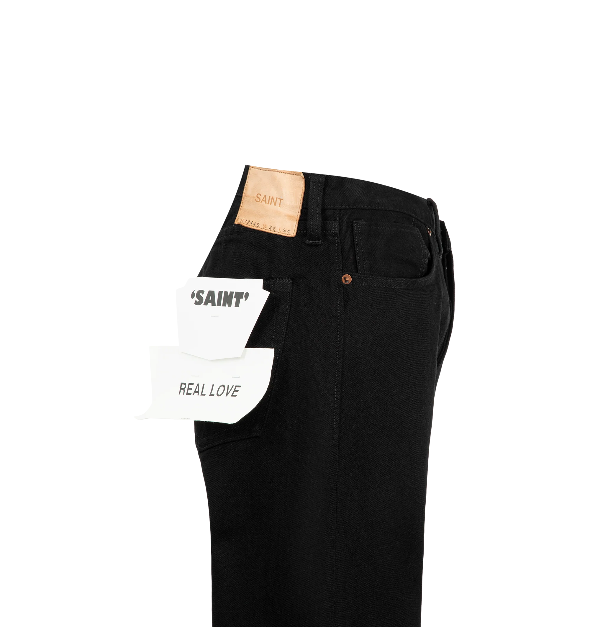 Image 3 of 3 - BLACK - Saint Michael Men's Straight Leg Black Denim Jeans are crafted from 100% cotton denim and feature a classic straight-leg silhouette with the brand's signature worn-in aesthetic. Finished in versatile black, these designer jeans draw on vintage Americana influences while maintaining a clean, timeless profile for everyday styling. Main Material: 100% Cotton. Fit: Straight Leg. Color: Black. 