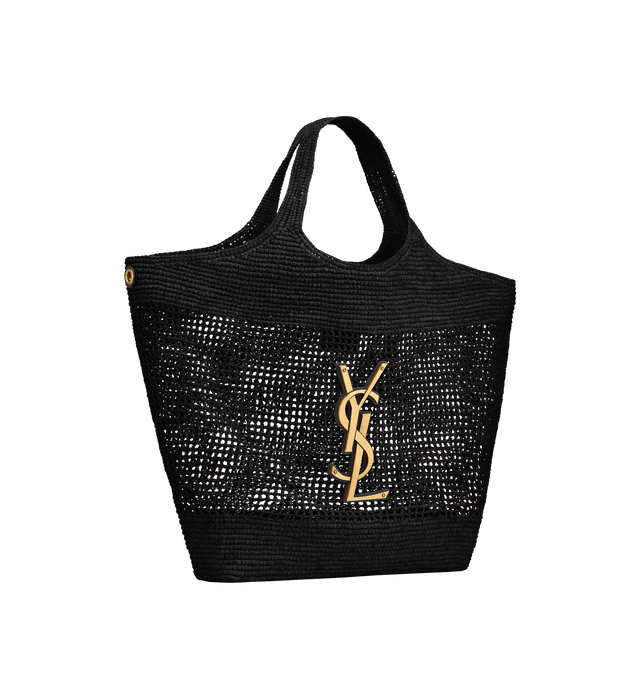 Image 4 of 5 - BLACK - SAINT LAURENT Icare Raffia Bag featuring maxi tote in natural raffia and vegetable-tanned leather, crocheted entirely by hand, cassandre on front, inner ties that allow the sides to be collapsed or expanded as desired, removable raffia sunglasses case affixed with a long chain and bronze-tone hardware. 14.621.7 X 16.9 X 2 inches. Handle drop: 8.7 inches. Raffia. Made in Madagascar.