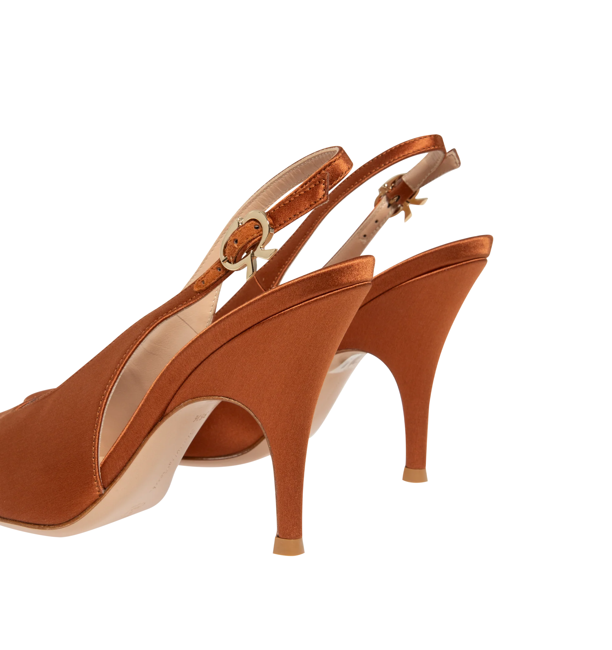 Image 3 of 4 - ORANGE - Gianvito Rossi Womens Sofia Sling Pumps are crafted from stretch crepe satin textile. Feature a pointed toe, elasticized slingback strap, signature Sofia sculptural heel, and leather sole. Heel Height: 9.5 cm. Main Material: Stretch Crepe Satin Textile; Sole: Leather. Handmade in Italy.