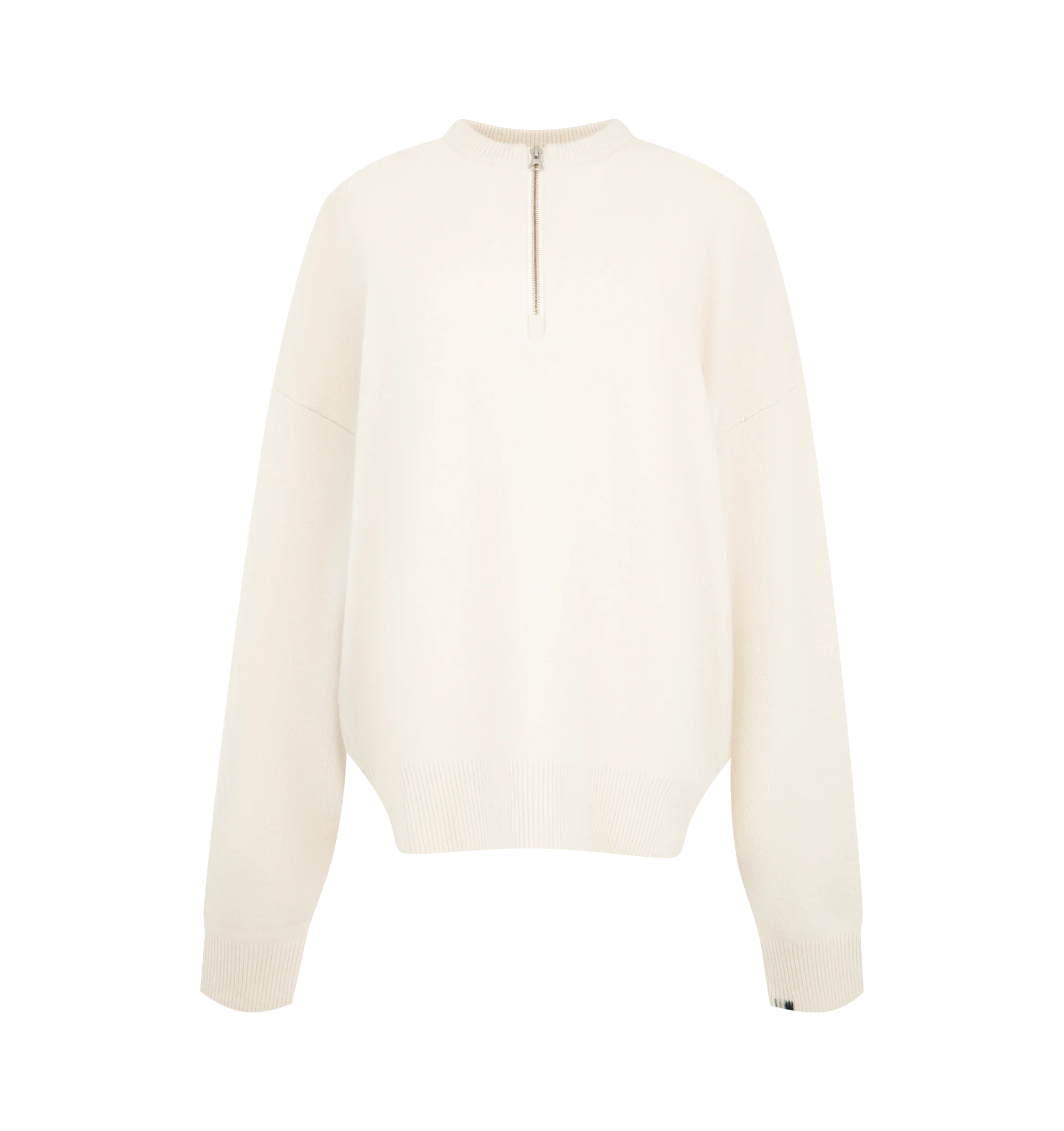 Image 1 of 2 - NEUTRAL - Extreme Cashmere Women's N496 Like Sweater is crafted from a luxurious cashmere blend and features a relaxed drop-shoulder silhouette with a zippered crew neckline for a modern take on a classic knit. This designer cashmere sweater combines exceptional softness with versatile styling, making it an effortless layering piece for everyday wear. Main Material: 94% Cashmere, 5% Nylon, 1% Elastane.