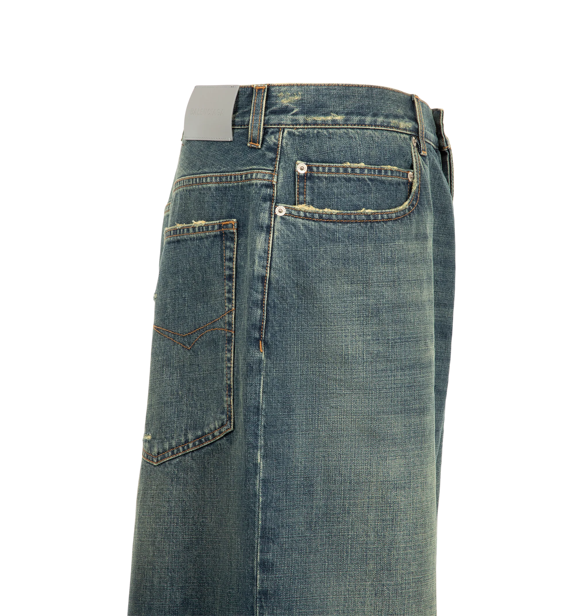 Image 3 of 3 - BLUE - Balenciaga Men's Denim Bermuda Shorts are crafted from cotton denim in a dirty vintage blue wash and feature a button closure and five belt loops. Two slash pockets, two open back pockets, and a grey debossed Balenciaga leather patch at the back complete the design. Main Material: 100% Cotton. Pocket Lining: 65% Polyester, 35% Cotton. Leather Detail: Cowskin. Made in Italy.