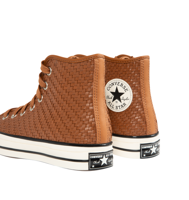 Image 3 of 5 - BROWN - CONVERSE Chuck 70 Woven Leather High Top Sneaker featuring premium woven leather upper, OrthoLite cushioning, varnished, off-white midsole and toe cap, tonal laces and signature leather Chuck Taylor ankle patch and classic All Star license plate. 