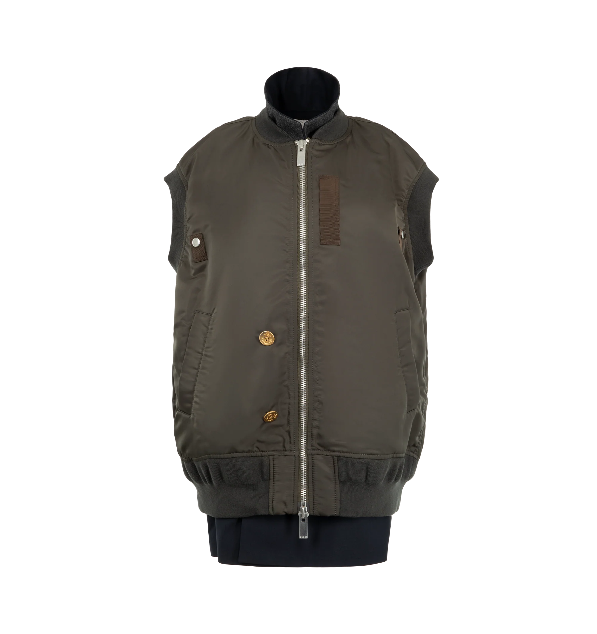 Image 1 of 3 - GREEN - Sacai Women's Nylon Twill Suiting Vest featuring a deconstructed hybrid silhouette and a prominent two-way front zipper. Materials: 100% Nylon; Attached Parts: 70% Polyester, 30% Wool.