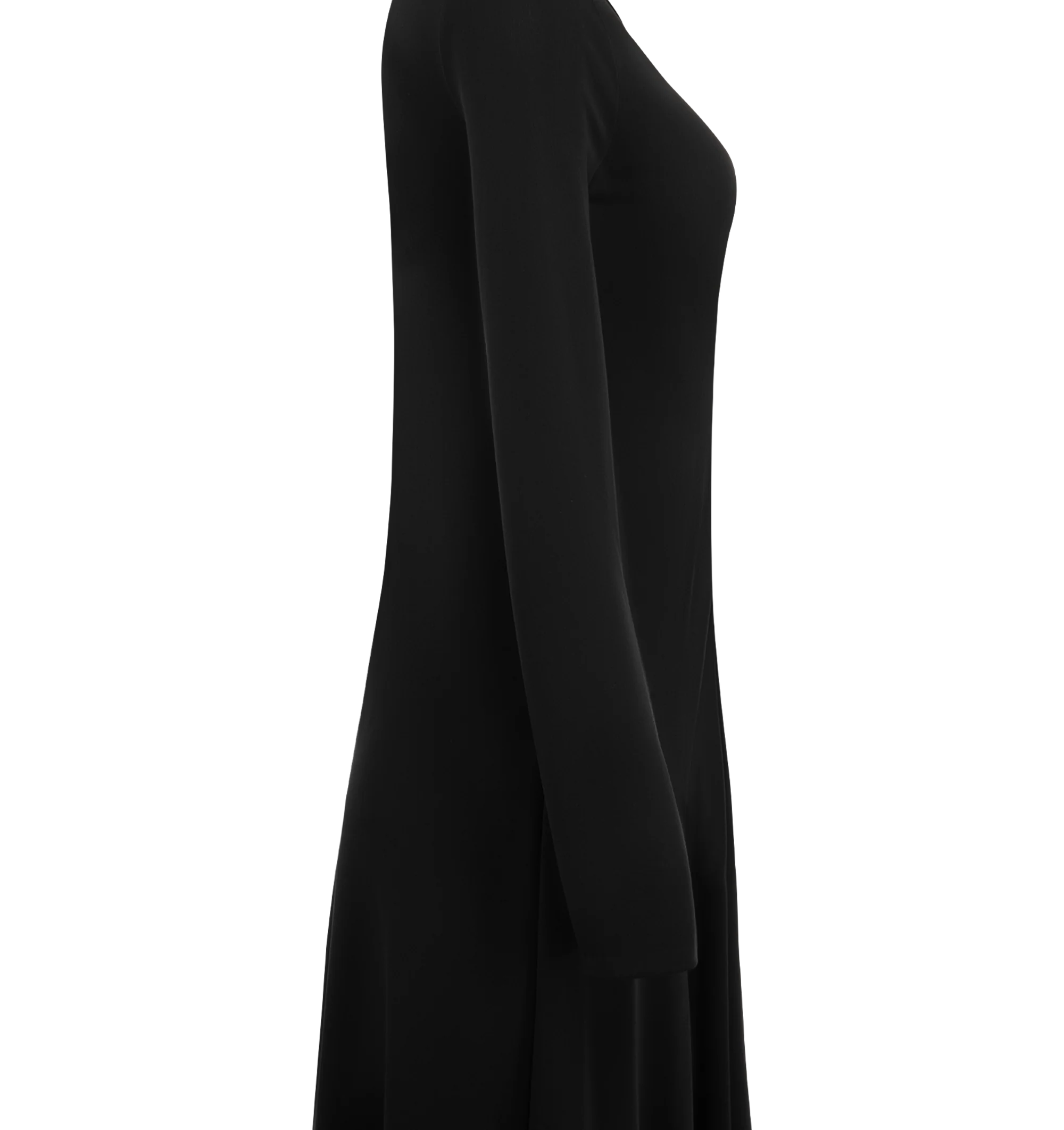 Image 3 of 3 - BLACK - The Row Women's Dina Dress is crafted from fluid matte viscose jersey and features a long-sleeve crewneck silhouette with a fitted bodice and flared skirt that falls just above the ankle. Designed with godet construction for fluid movement and a smooth, continuous drape, this designer dress is finished with a concealed center-back zipper closure. Main Material: 100% Viscose. Fit: Fitted Bodice with Flared Skirt. Neckline: Crewneck. Closure: Concealed Center-Back Zipper. Details: Godet
