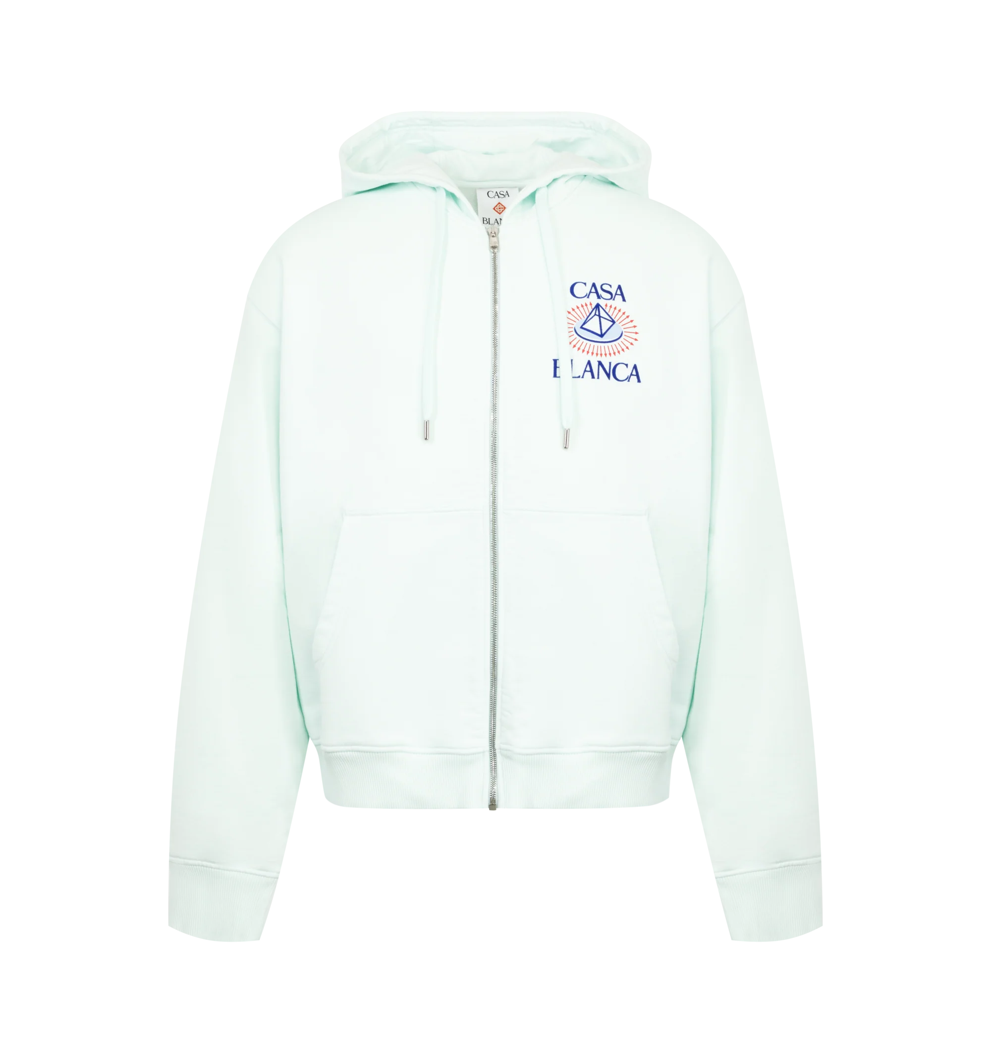 Image 1 of 2 - BLUE - Casablanca Men's Flock Printed Classic Zip-Up Hoodie is crafted from premium cotton and features a relaxed silhouette with a full-zip front, adjustable drawstring hood, ribbed trims, and flock-printed graphic artwork for a soft, textured finish. This designer zip-up hoodie combines exceptional everyday comfort with Casablanca's signature luxury sportswear aesthetic, creating an elevated layering essential for casual wear. Main Material: 100% Cotton.