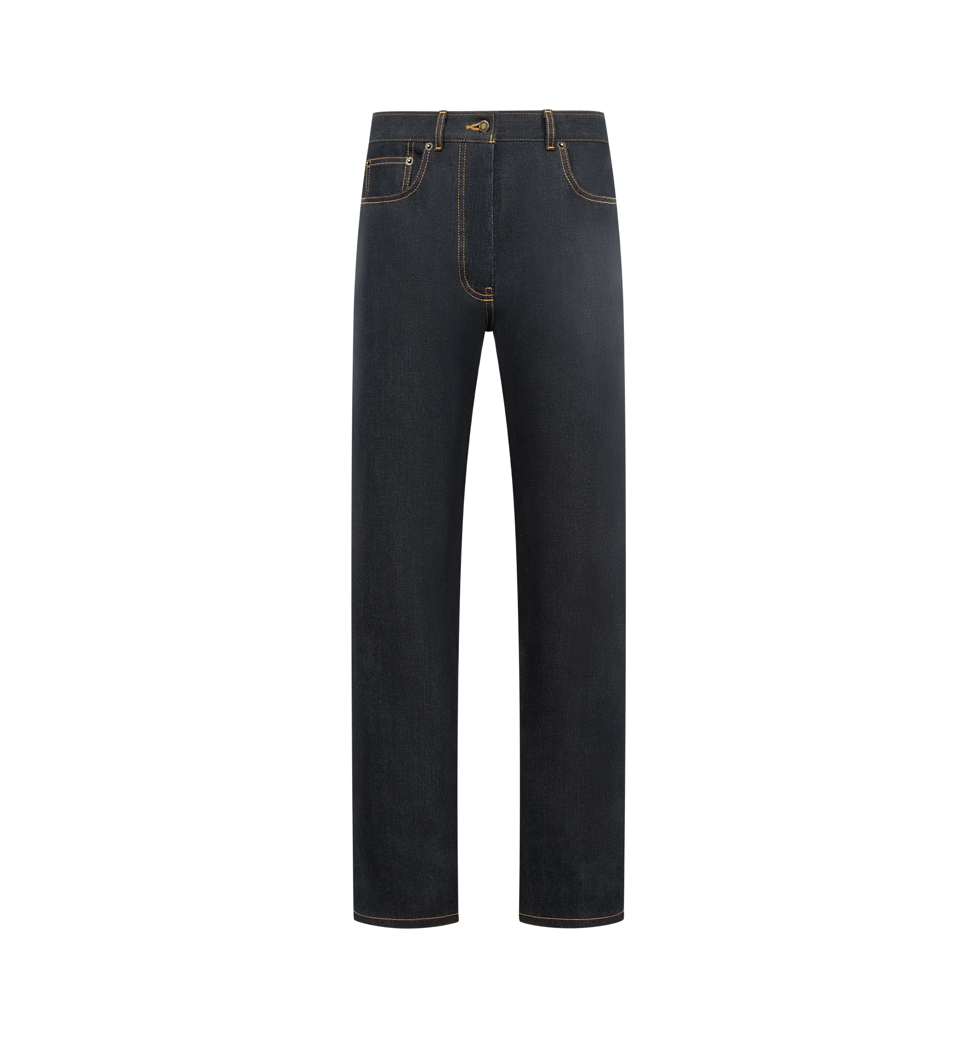 Image 1 of 3 - NAVY - THOM BROWNE Selvedge Denim 5 Pocket Pant featuring button fly closure, 5-pocket style, adjustable buttoned backstrap, selvedge detail visible at inner cuffs and signature striped grosgrain loop tab. 100% cotton. Made in Japan.
