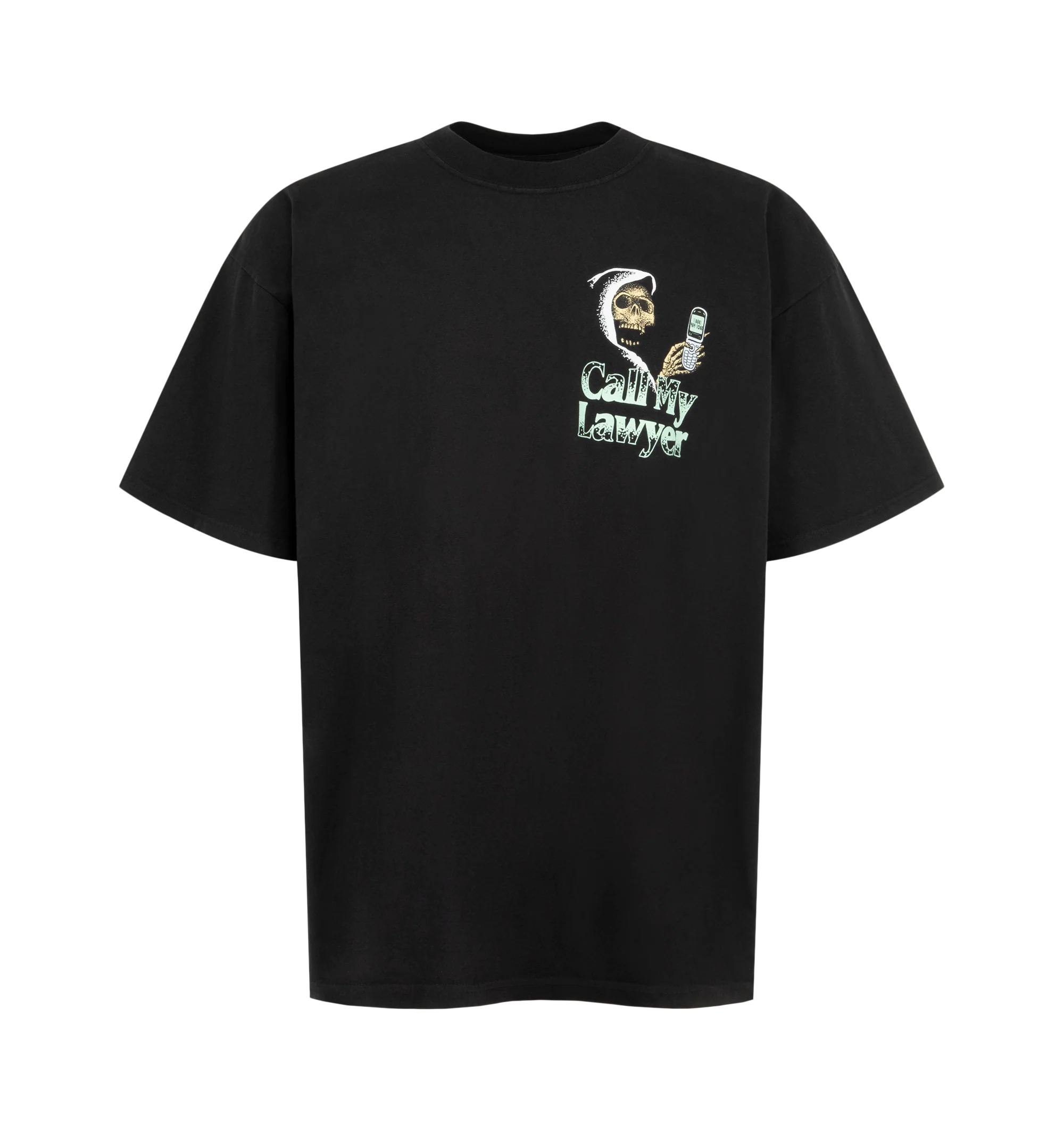 Image 1 of 2 - BLACK - The Men's Call My Lawyer T-Shirt by Market is crafted in a soft cotton construction and printed graphics repping your fave brand. The ribbed crewneck and dropped shoulders come together to give you a streetwear fit. Material: Cotton.
