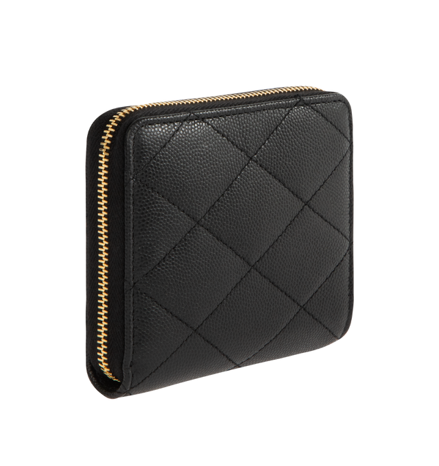 Image 2 of 3 - BLACK - SAINT LAURENT Bijou Compact Wallet in grain de poudre leather featuring zip around closure with CASSANDRE jewelry zip pull, diamond-quilted topstitching, gold-tone hardware, six card slots, one bill compartment and one coin compartment. 4.1" x 3.5" x 0.8". Calfskin. Made in Italy. 