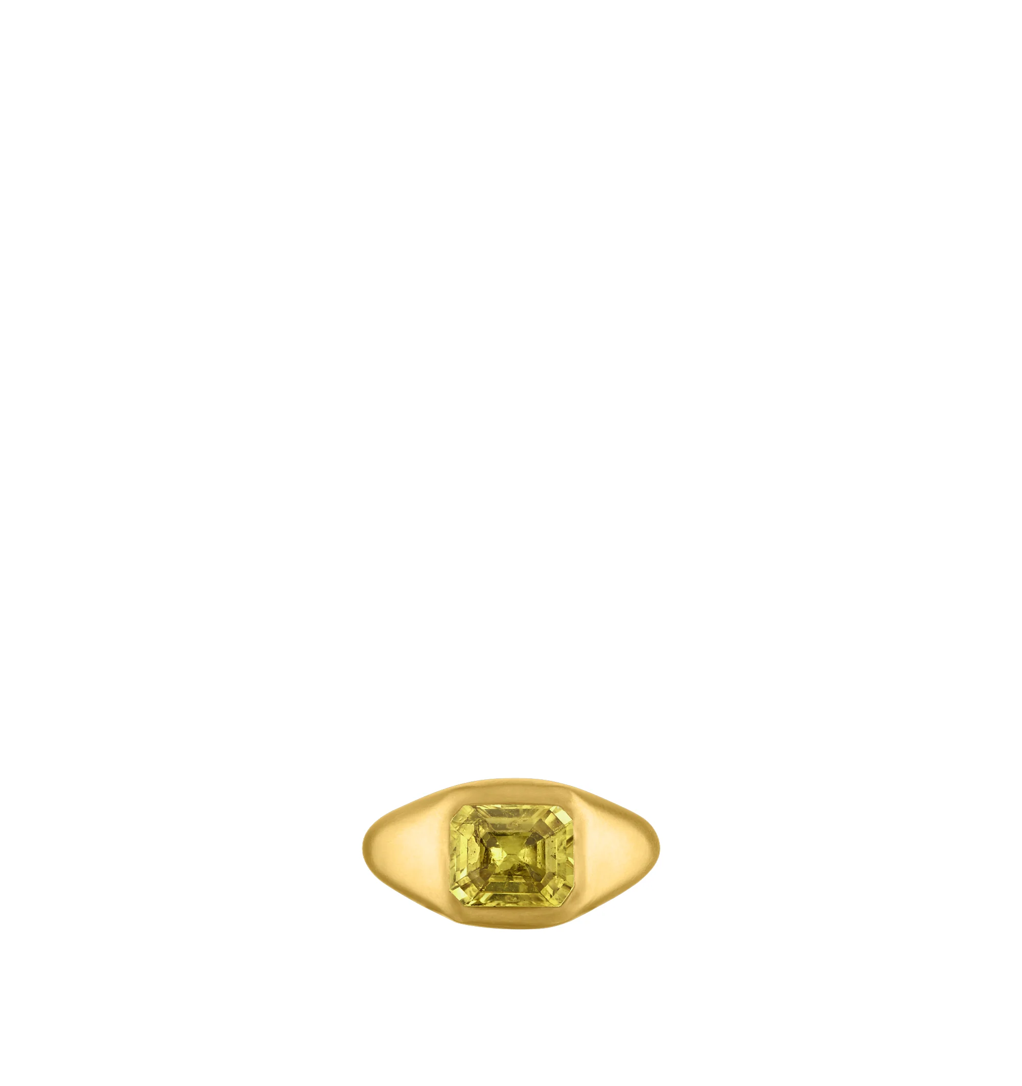 Image 1 of 3 - YELLOW - Prounis Yellow Emerald Cut Sapphire Gaea Roz Ring is handcrafted from recycled 22K yellow gold and features a luminous emerald-cut yellow sapphire sourced from deadstock gemstones. Designed as part of the Gaea Roz capsule collection, the band tapers from 9.5 mm to 3 mm. Handmade in New York. For personal consultation and detailed information about jewelry, please contact our dedicated stylist team at personalshopping@hirshleifers.com.This item may be restricted for online purchase to