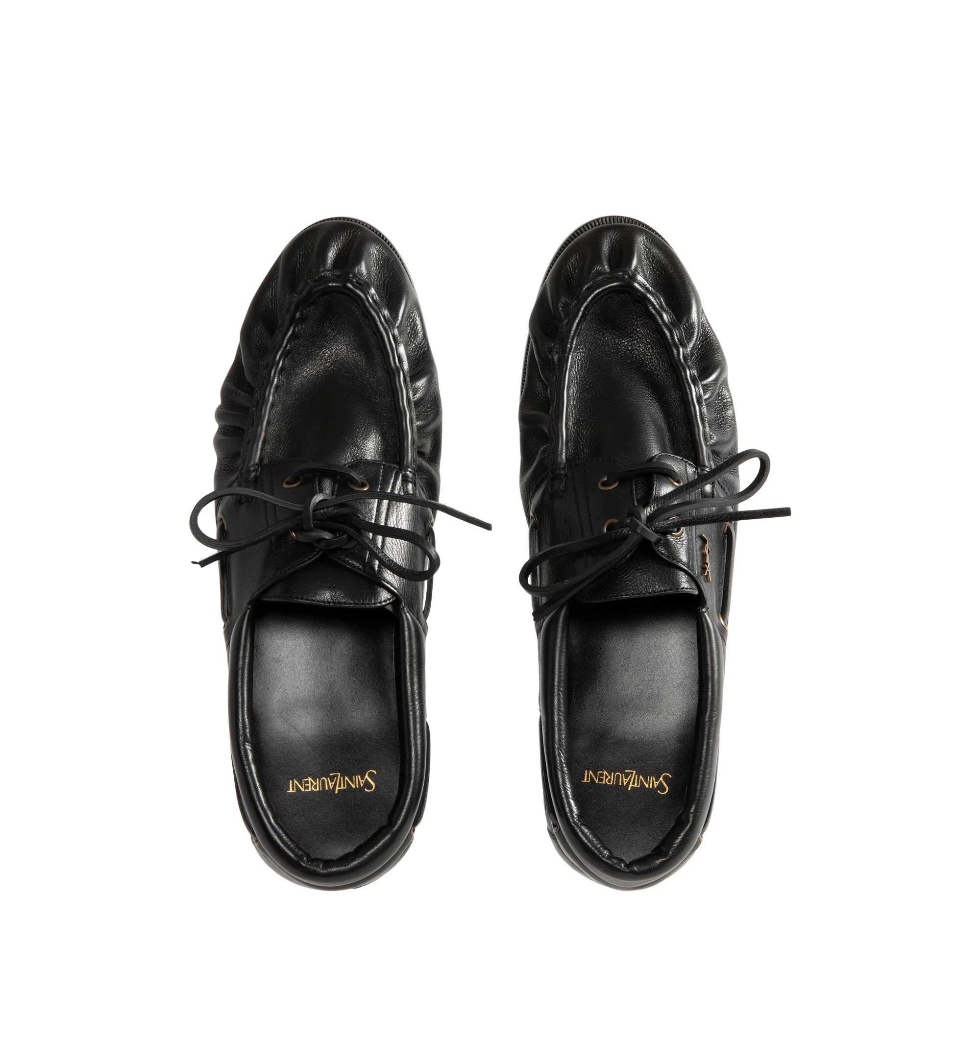 Image 4 of 4 - BLACK - Saint Laurent Mens Boat Shoes are crafted from metal-free tanned calfskin leather. Feature a lace-up boat shoe silhouette, hand-stitched moc toe, gold-tone CASSANDRE hardware, leather sole, and 1.5 cm heel height. Main Material: Calfskin Leather; Hardware: Brass; Sole: Leather. Made in Italy.