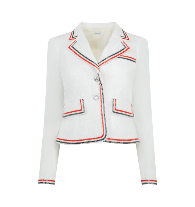 Image 1 of 3 - WHITE - THOM BROWNE Solid Seersucker Cropped Jacket featuring front button closure, button-down point collar, patch chest pocket, button-fastening self armbands, contrast buttoned French cuffs, pleated back yoke with locker loop, curved hem, name tag appliqu, signature striped grosgrain loop tab and classic fit. 100% cotton. Lining: 100% cupro. Made in Italy.