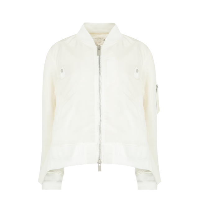 Image 1 of 3 - WHITE - SACAI Nylon Twill Wool Suiting Jacket featuring nylon satin bomber jacket, paneled construction, rib-knit stand collar, two-way zip closure, press-stud tabs at chest, cropped asymmetric hem and utility pocket at sleeve. Made in Japan.