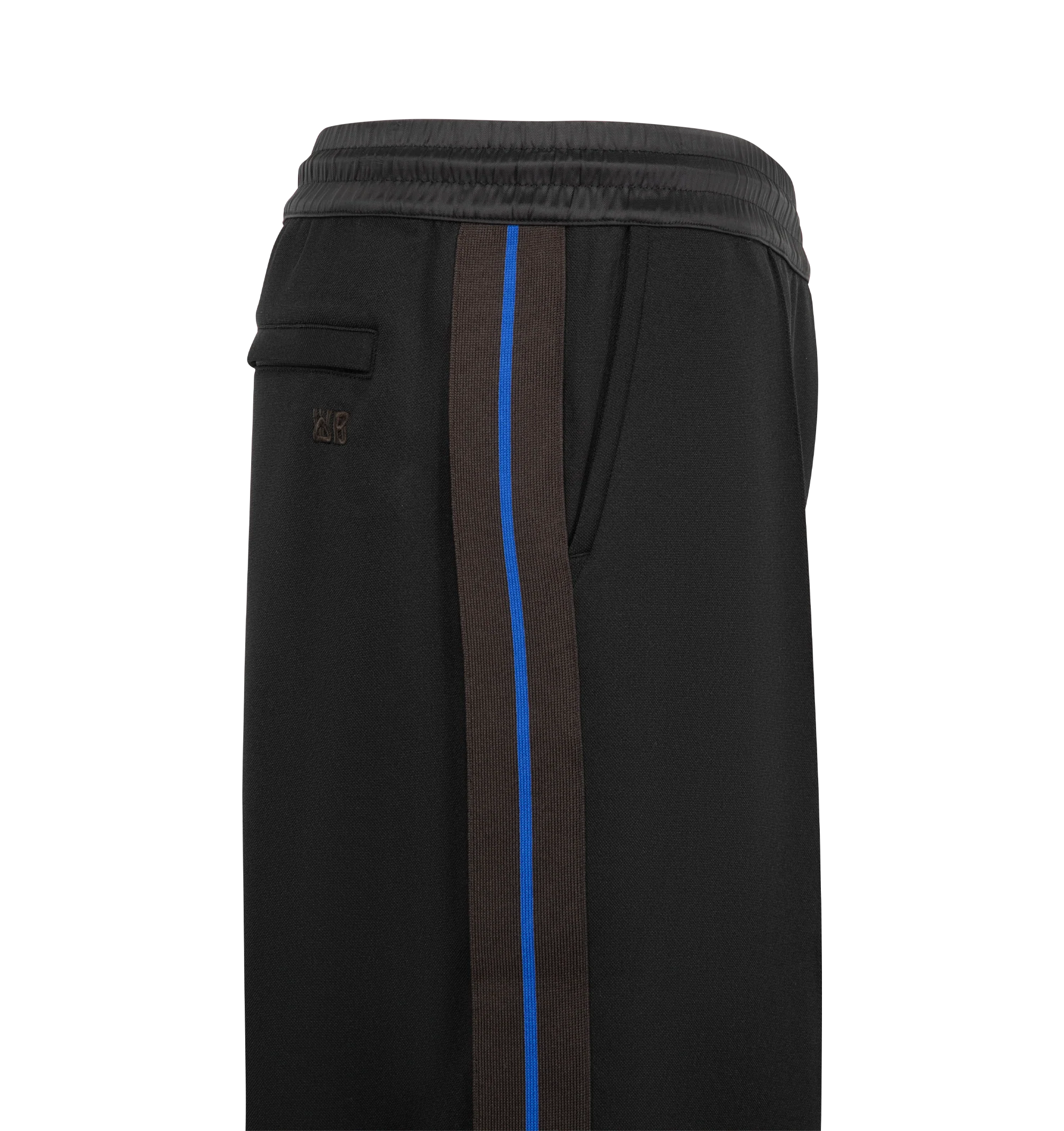 Image 3 of 3 - BLACK - Wales Bonner Men's Form Track Pant is crafted from a stretch cotton-blend piqu fabric and features a straight-leg silhouette with side stripe detailing and piped trim. Designed with an elasticized waistband and concealed drawstring, these track pants are finished with pinched seams at the legs, zip vents at the cuffs, two side welt pockets, and a rear welt pocket with logo embroidery. Main Material: 56% Polyester, 39% Cotton, 5% Elastane. Lining: 100% Organic Cotton. Trim: 100% Viscos 