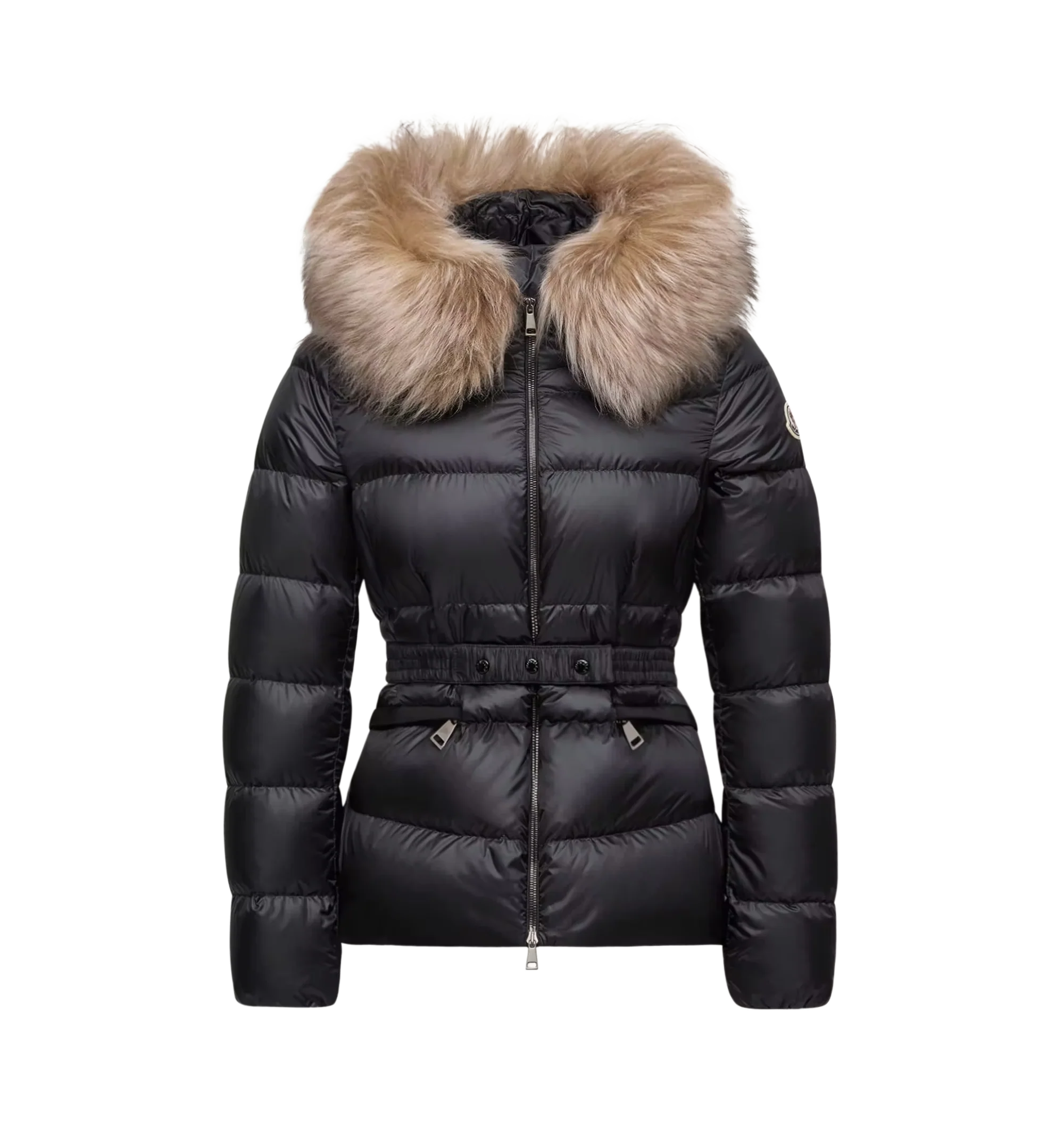 Image 1 of 1 - BLACK - Moncler Women's Boed Hooded Shearling-Trimmed Short Down Jacket is crafted from longue saison nylon and features a down-filled construction, a detachable long-haired shearling-trimmed hood, a front zip closure, zipped pockets, and an elastic belt with a snap-button closure that defines the waist. This designer down jacket combines lightweight warmth with a refined, feminine silhouette for elevated cold-weather wear. Main Material: 100% Polyamide (Nylon). Lining: 100% Polyamide (Nylon)