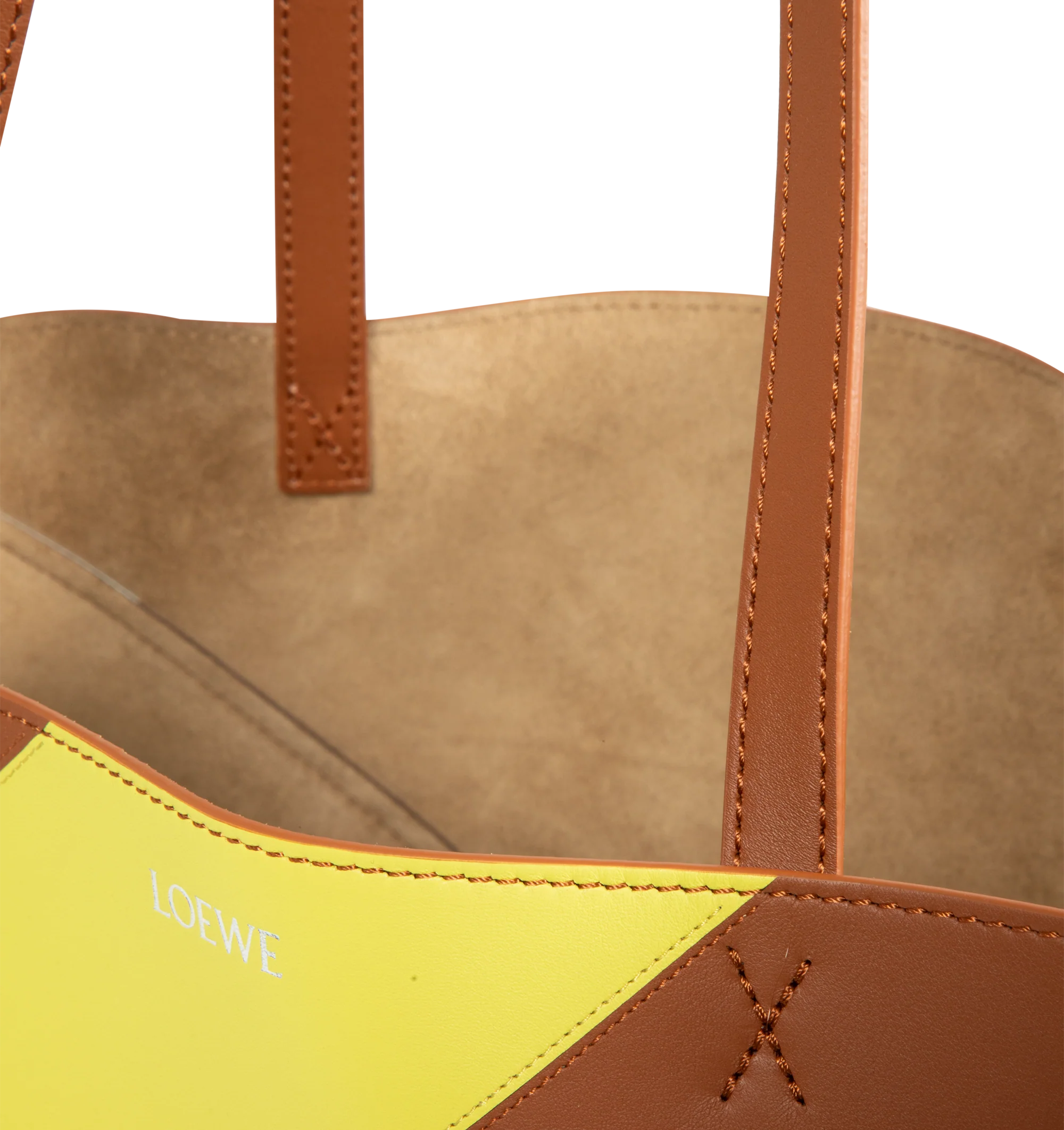 Image 3 of 3 - MULTI - Loewe Medium-Sized Puzzle Fold Graphic Tote Bag is crafted from calfskin leather and features the brand's signature geometric Puzzle Fold construction with a lightweight, foldable design. Designed with double top handles, a front logo detail, and multicolor graphic motifs created using Loewe's signature intarsia technique for a distinctive sculptural appearance. Main Material: Calfskin Leather. 