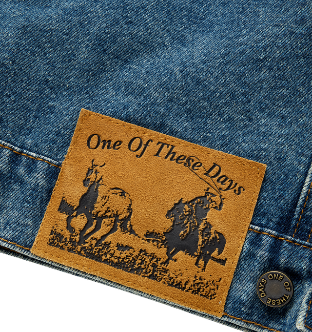 Image 4 of 4 - BLUE - ONE OF THESE DAYS Denim Trucker Jacket featuring button-front, branded suede label, spread collar, 4-pocket design, adjustable waist tabs, buttoned cuffs and branded hardware. 100% cotton.
