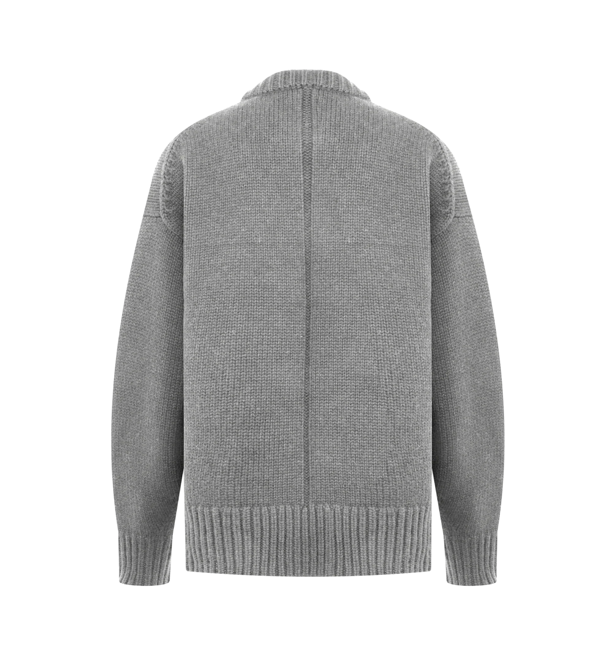 Image 2 of 2 - GREY - The Row women's Oversized crewneck sweater in midweight wool and cashmere with ribbed neckline, cuffs, and hem, bell-shaped sleeves, and signature center back detail. 65% Wool, 35% Cashmere. Made in Italy.