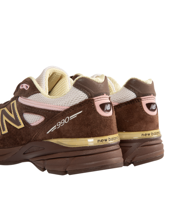 Image 3 of 5 - BROWN - New Balance Mens Made in USA 990v4 Sneakers feature a mesh upper with premium suede and synthetic overlays. Designed with ABZORB heel and forefoot cushioning, ENCAP and C-CAP midsole technology, reflective accents, and a durable NDurance rubber outsole. Upper: Mesh, Suede, Synthetic, and Pig Leather; Midsole: ENCAP and C-CAP; Outsole: NDurance Rubber. Made in the USA.