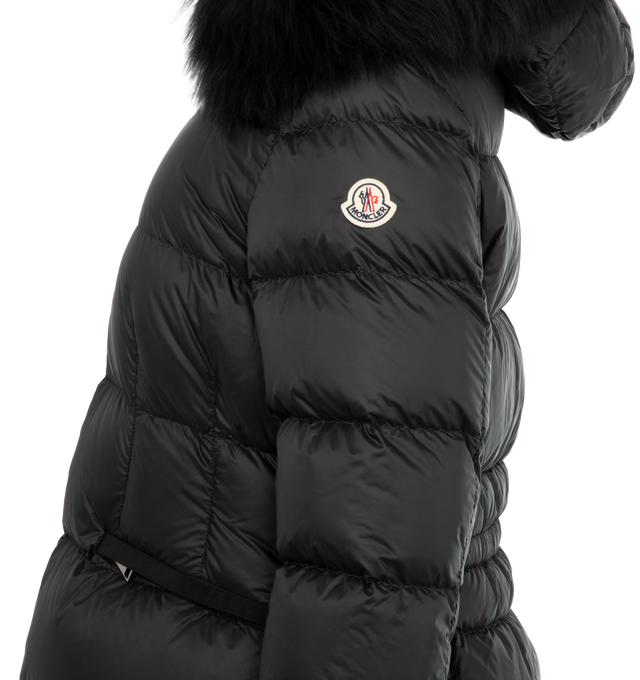 Image 3 of 3 - BLACK - MONCLER Boed Jacket featuring longue saison lining, down-filled, hood with a detachable long-haired sheepskin trim, zipper closure, zipped pockets and elastic belt with snap button closure. 100% polyamide/nylon. Padding: 90% down, 10% feather. 