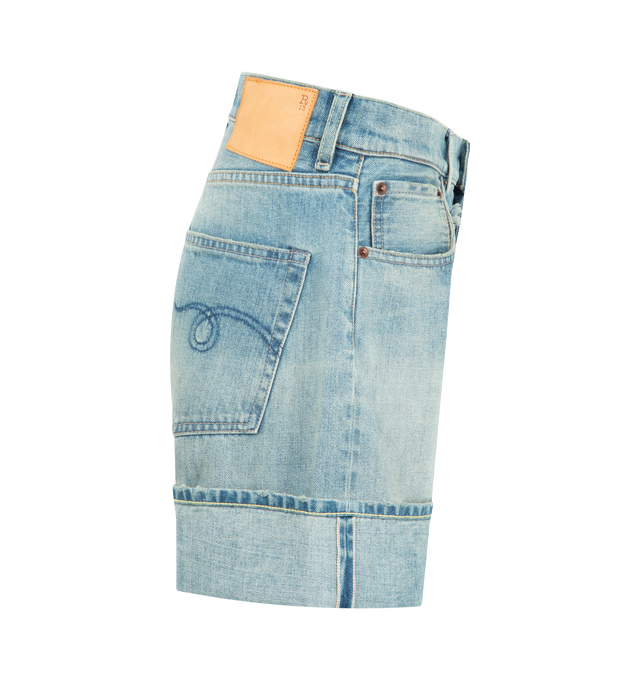 Image 3 of 3 - BLUE - R13 Nina Shorts featuring high-rise relaxed denim short with a thick cuffed hem in Italian selvedge denim. 100% cotton. Made in Italy. 