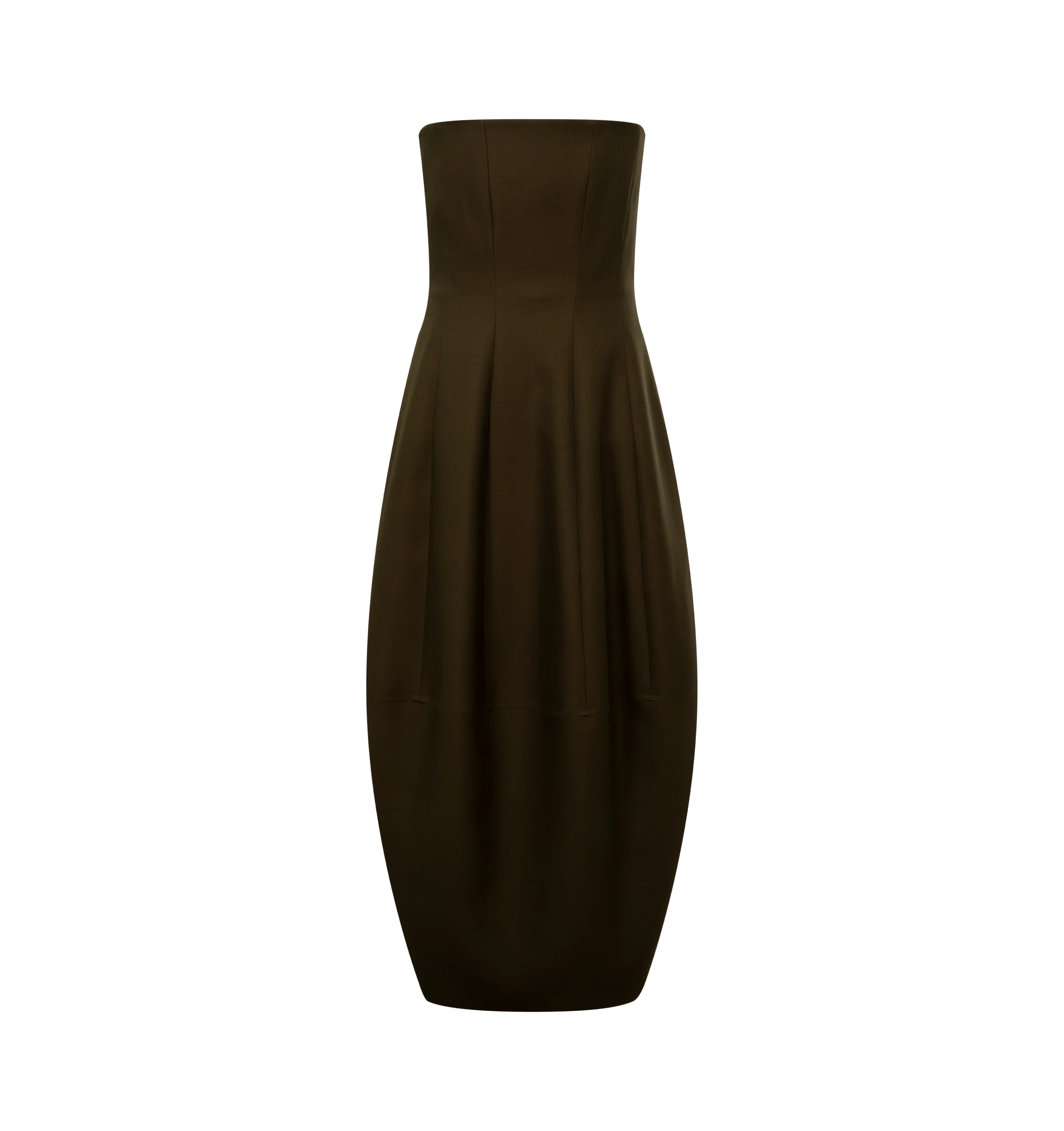 Image 1 of 2 - GREEN - Khaite Womens Strapless Stela Dress is crafted from wool silk cady. Features a strapless neckline, slim-fitting corset-inspired bodice, contoured waist, and voluminous rounded skirt that gently tapers toward the hem. Main Material: 74% Wool, 26% Silk. Dry clean. Made in Italy.