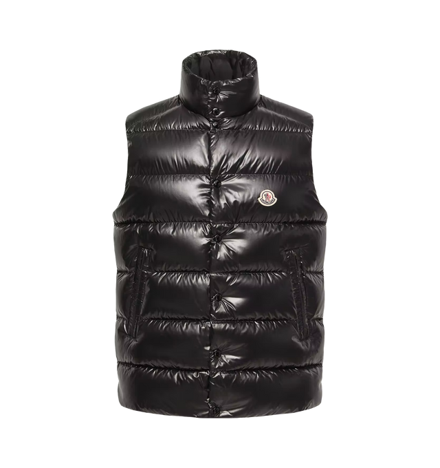 Image 1 of 1 - BLACK - MONCLER Tibb Down Vest featuring nylon laqu lining, down-filled, collar with snap button closure, zipper closure and zipped pockets. 100% polyamide/nylon. Padding: 90% down, 10% feather.