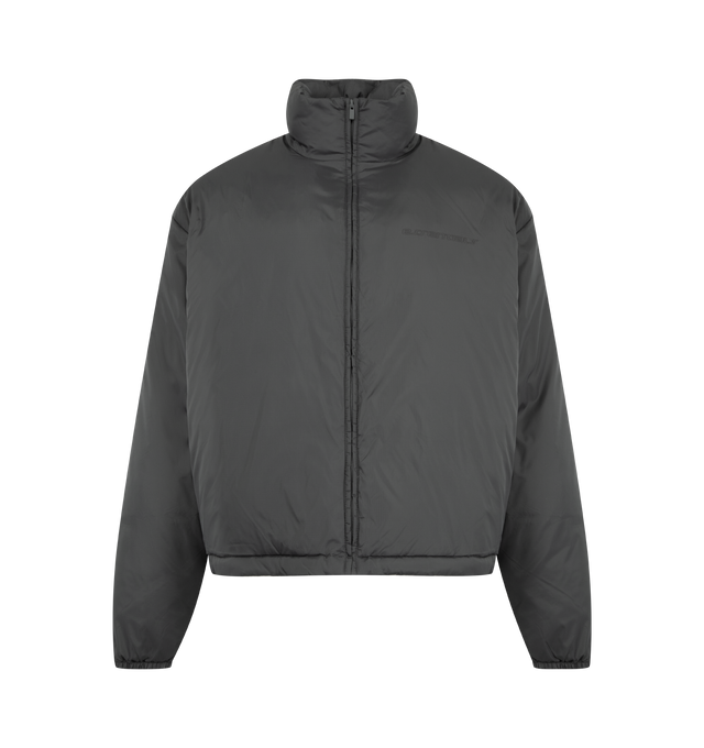 Image 1 of 3 - GREY - FEAR OF GOD ESSENTIALS Ripstop Nylon Puffer Jacket featuring ripstop nylon, matte appearance with water repellant properties, 3D Essentials graphic on the chest, relaxed, rounded silhouette, high neck, side pockets, full zip front, elasticized piping on the cuffs and waist hem, bungee toggles at the waist hem for adjustable styling and a Fear of God Essentials rubberized label stitched at the back collar. 100% matte nylon.